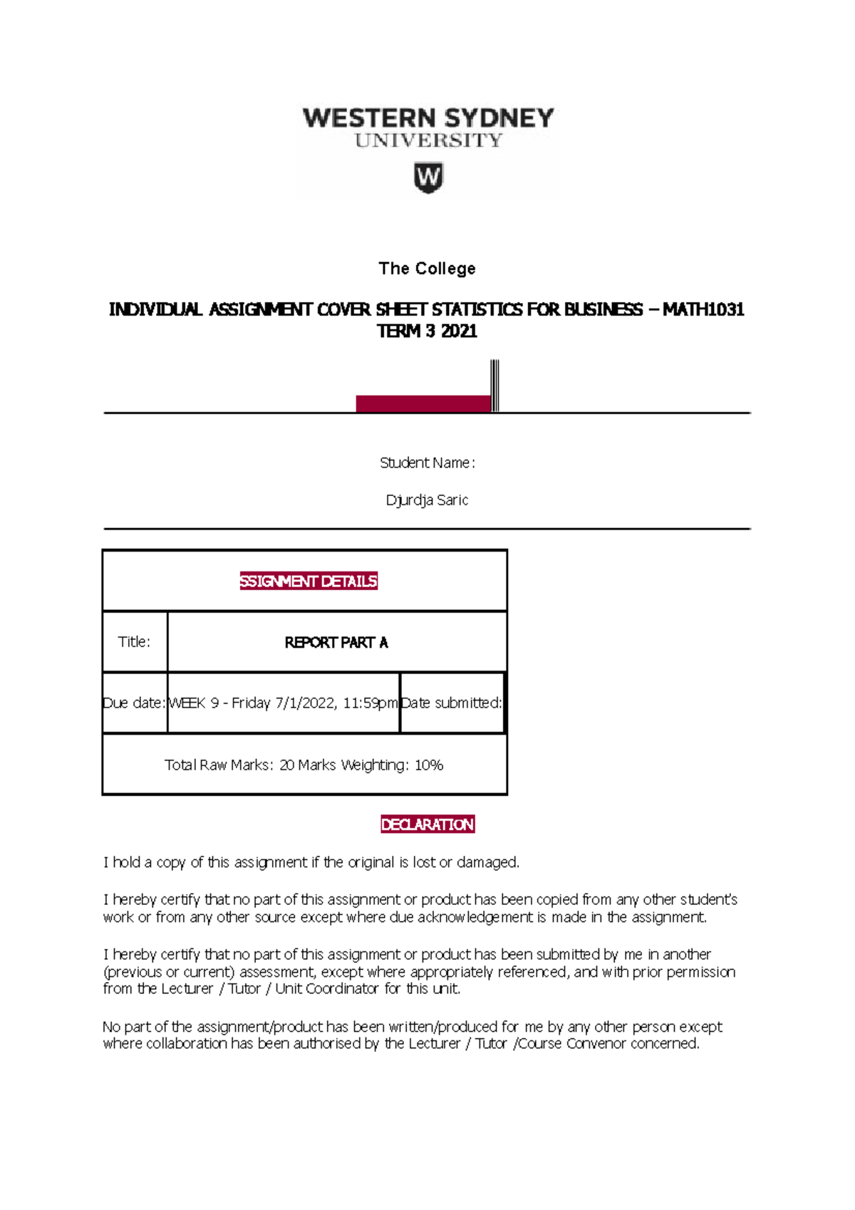 Applied project Stats - STUDENT DETAILS The College INDIVIDUAL ...