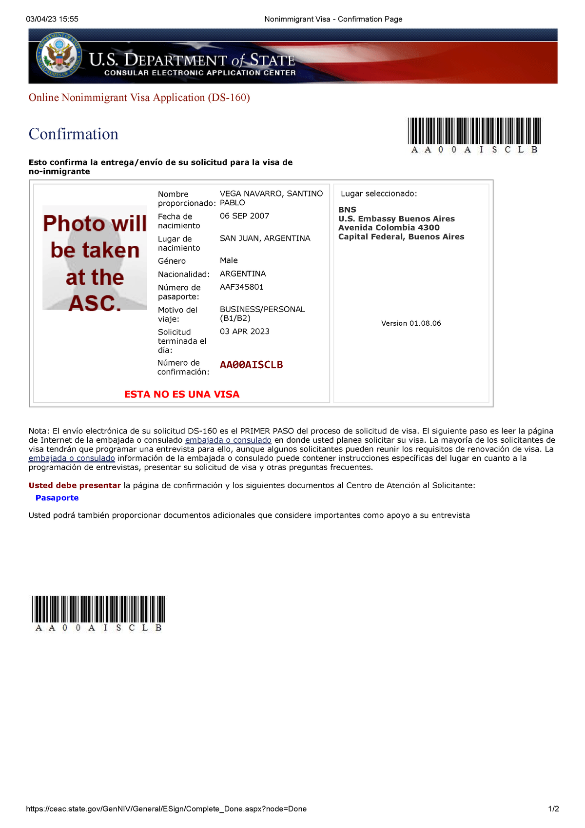 Nonimmigrant Visa - Confirmation Page - Ceac.state/GenNIV/General/ESign ...