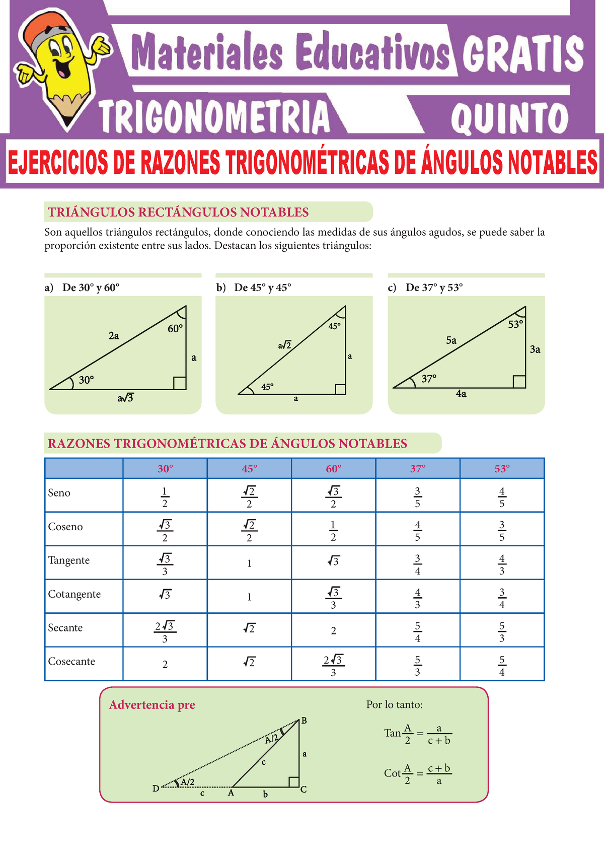 Ejercicios De Razones Trigonométricas De Ángulos Notables Para Quinto ...