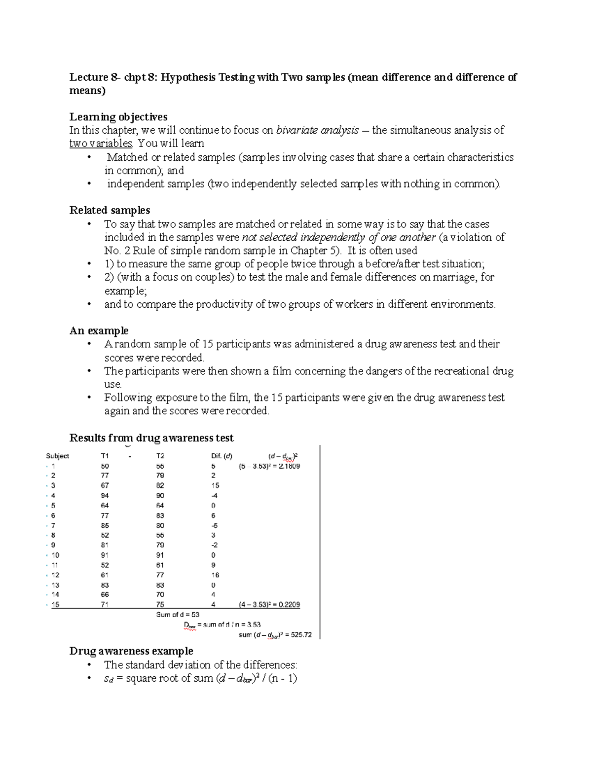 Lecture 8- Hypothesis Testing with Two Samples (Mean Difference and ...
