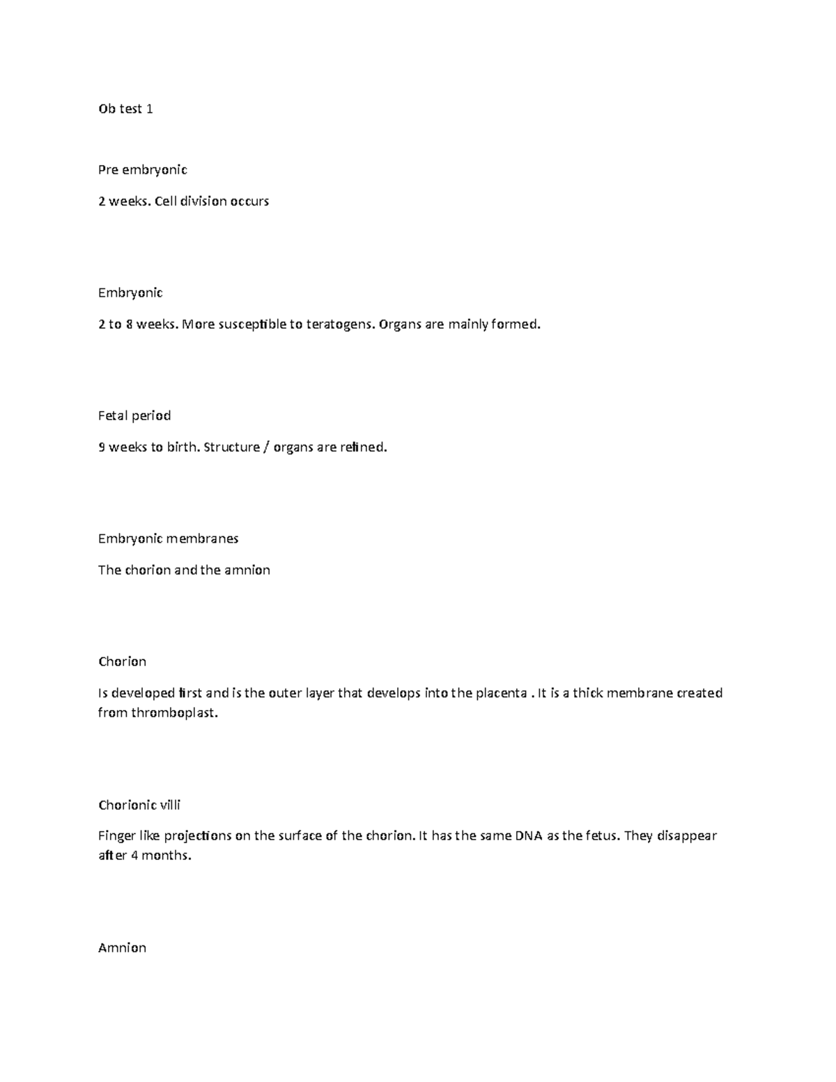 Ob test 1 - reviewer - Ob test 1 Pre embryonic 2 weeks. Cell division ...