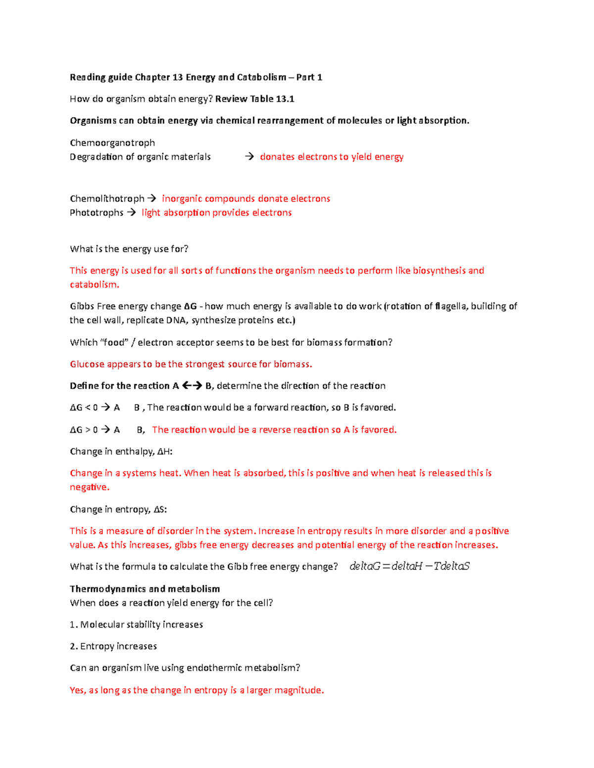 Reading guide Chapter 13 Energy and Catabolism part 1 - Organisms can ...
