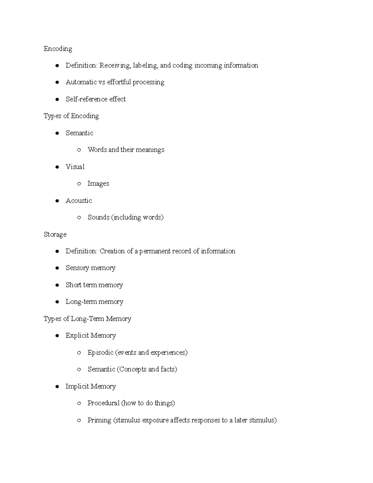 Psych Notes 3 29 - Encoding Definition: Receiving, labeling, and coding ...