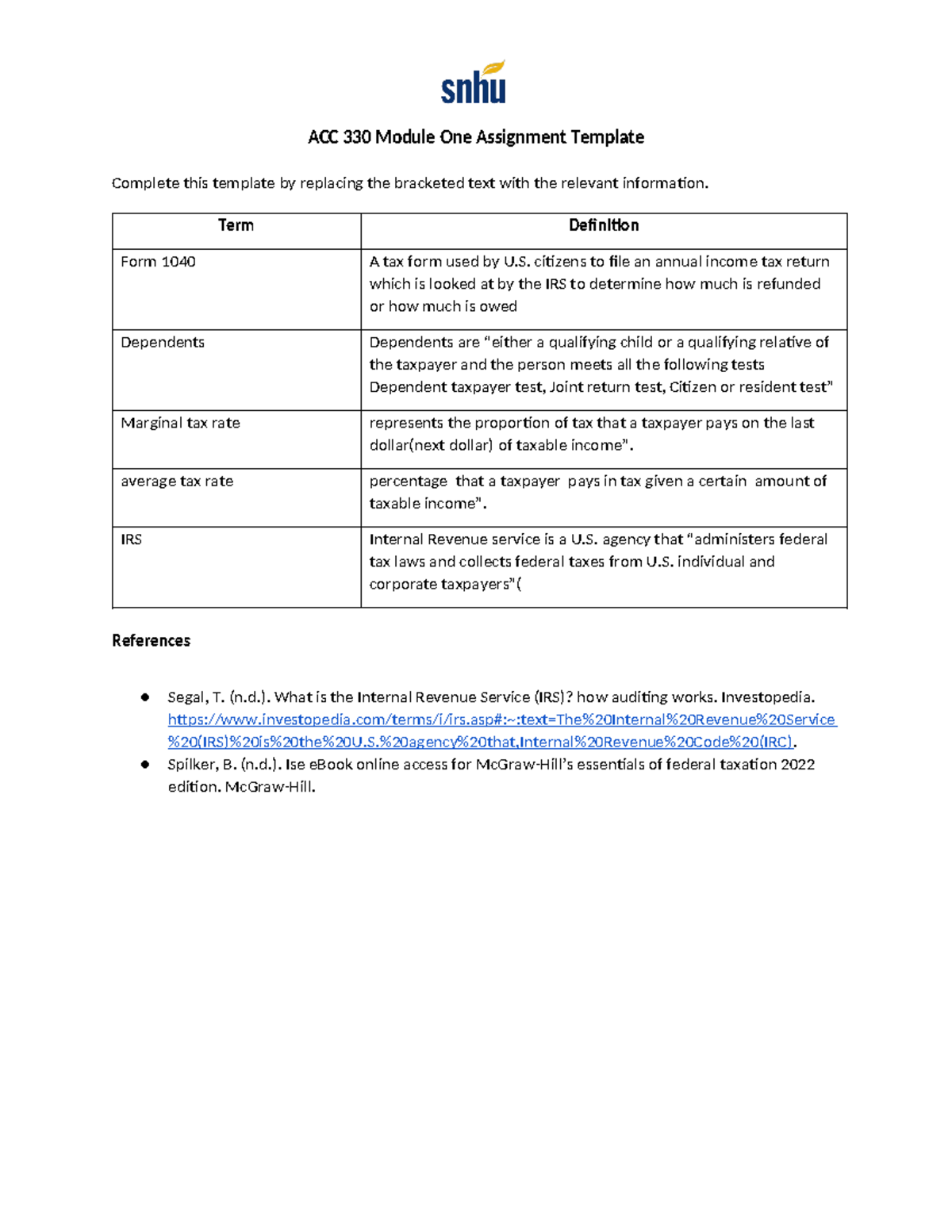 ACC 330 Module one - ACC 330 Module One Assignment Template Complete ...