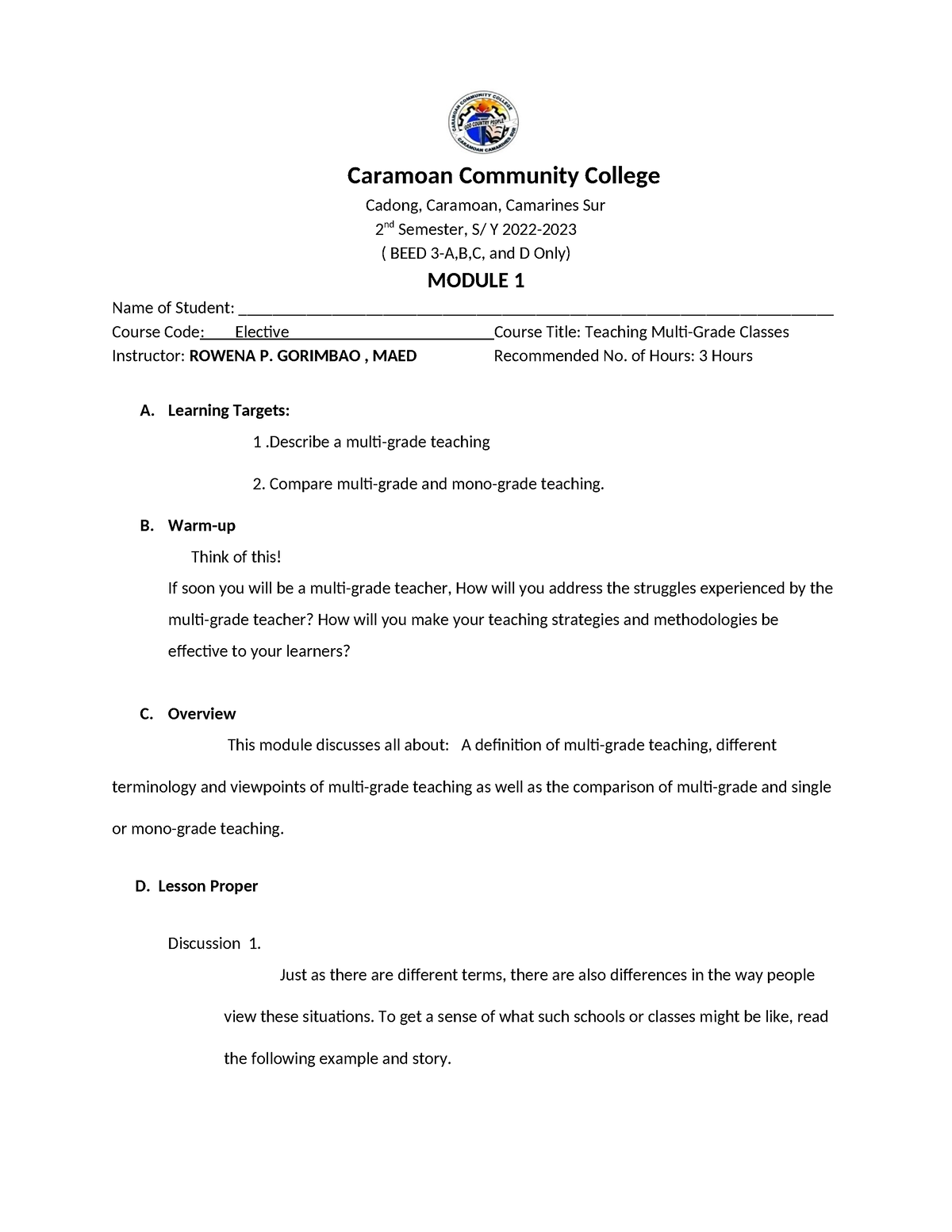 Teaching Multi Grade Classes Module 1 - Caramoan Community College ...