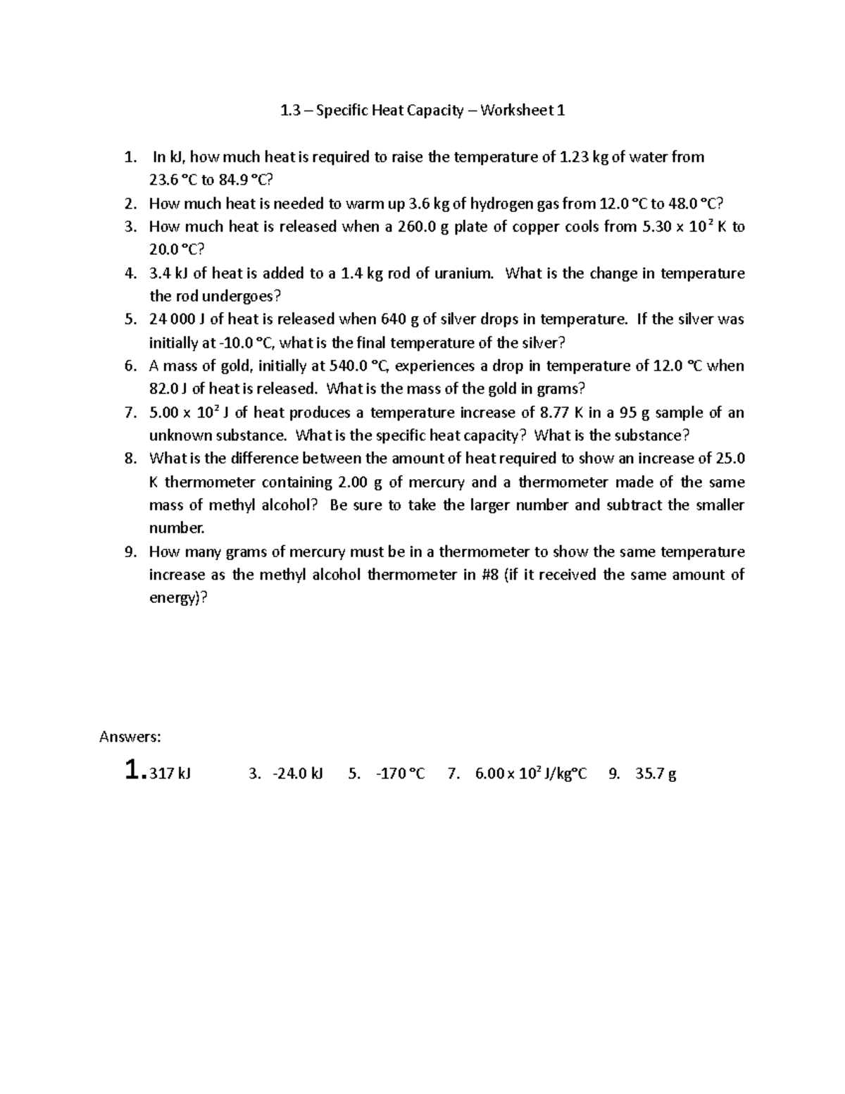 Physics 20 1.3 Specific Heat Capacity Worksheet 1 2 1