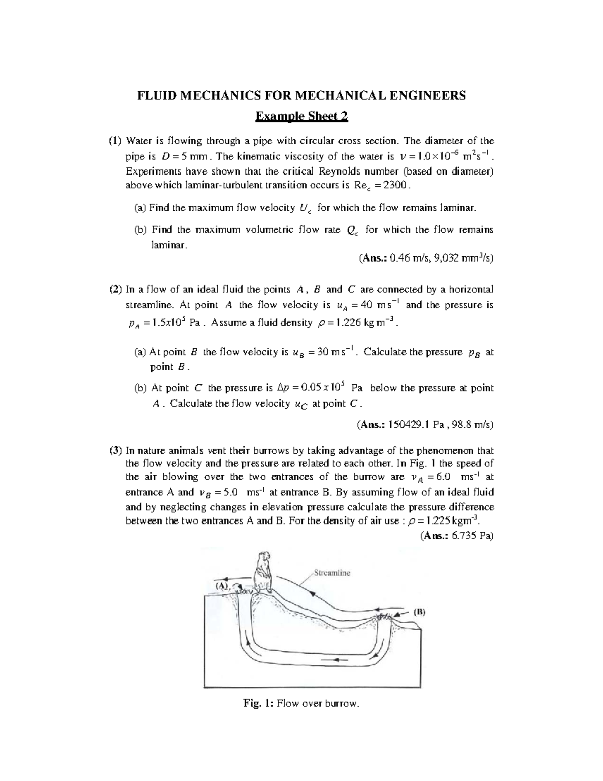 Fluid Mechanics Questions sheet 2 FLUID MECHANICS FOR MECHANICAL