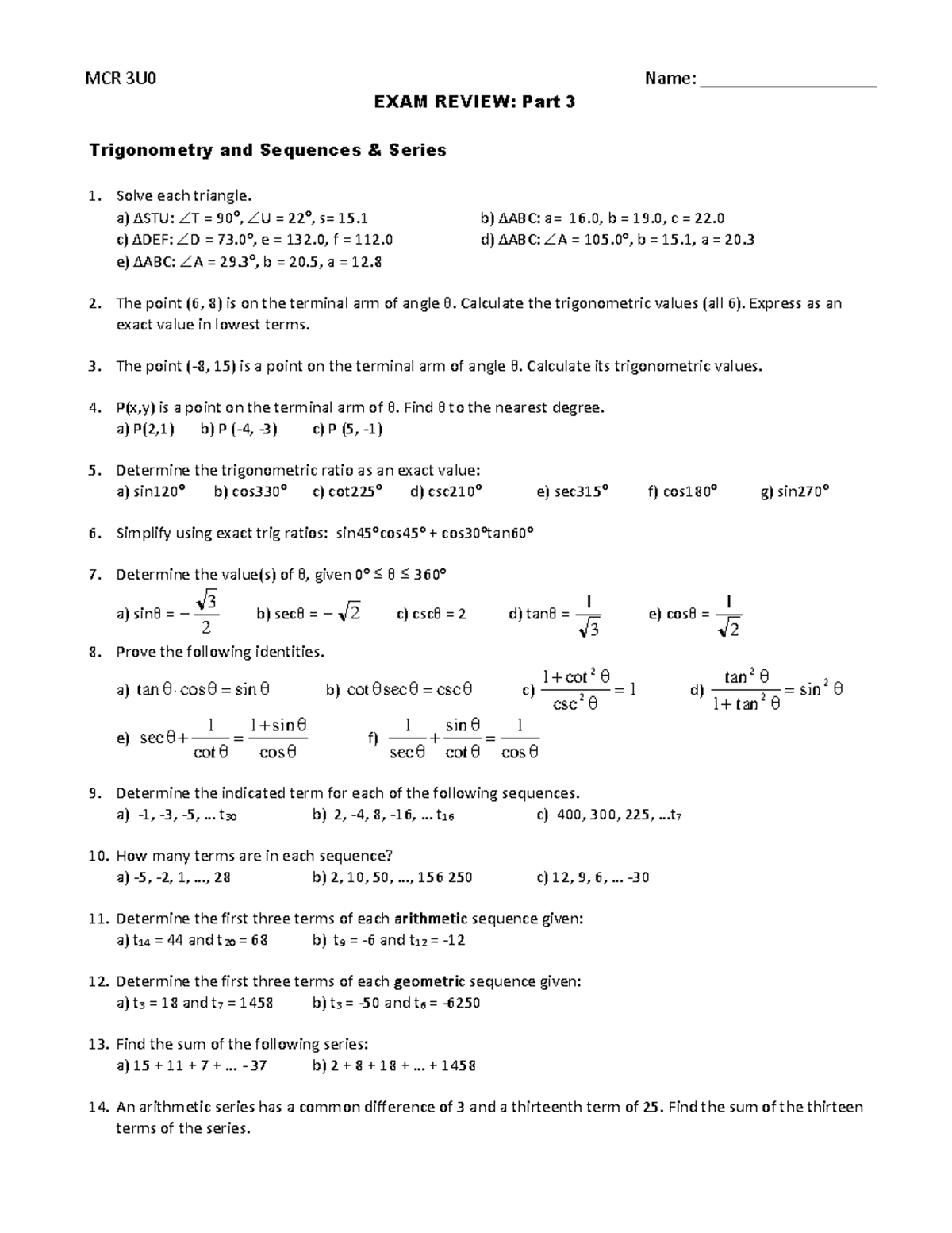 Exam Review PART 3 - EXAM REVIEW: Part 3 Trigonometry and Sequences ...