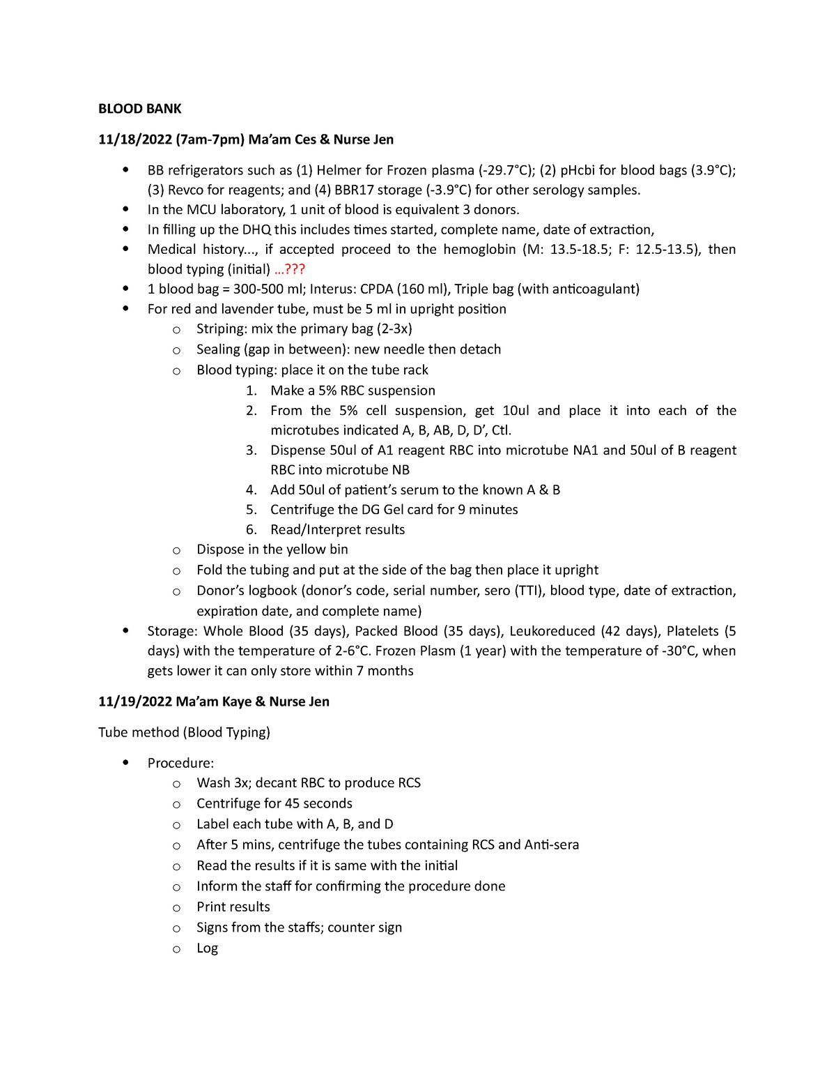 Blood bank lecture notes - BLOOD BANK 11/18/2022 (7am-7pm) Ma’am Ces ...