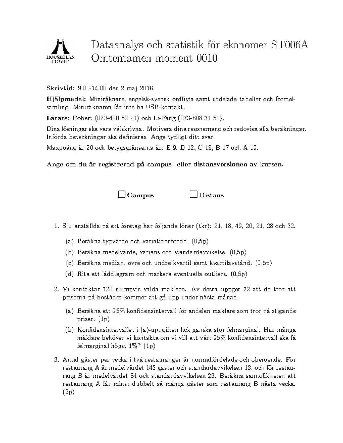 ST006A Dataanalys Och Statistik För Ekonomer 0010 180502 - Dataanalys ...