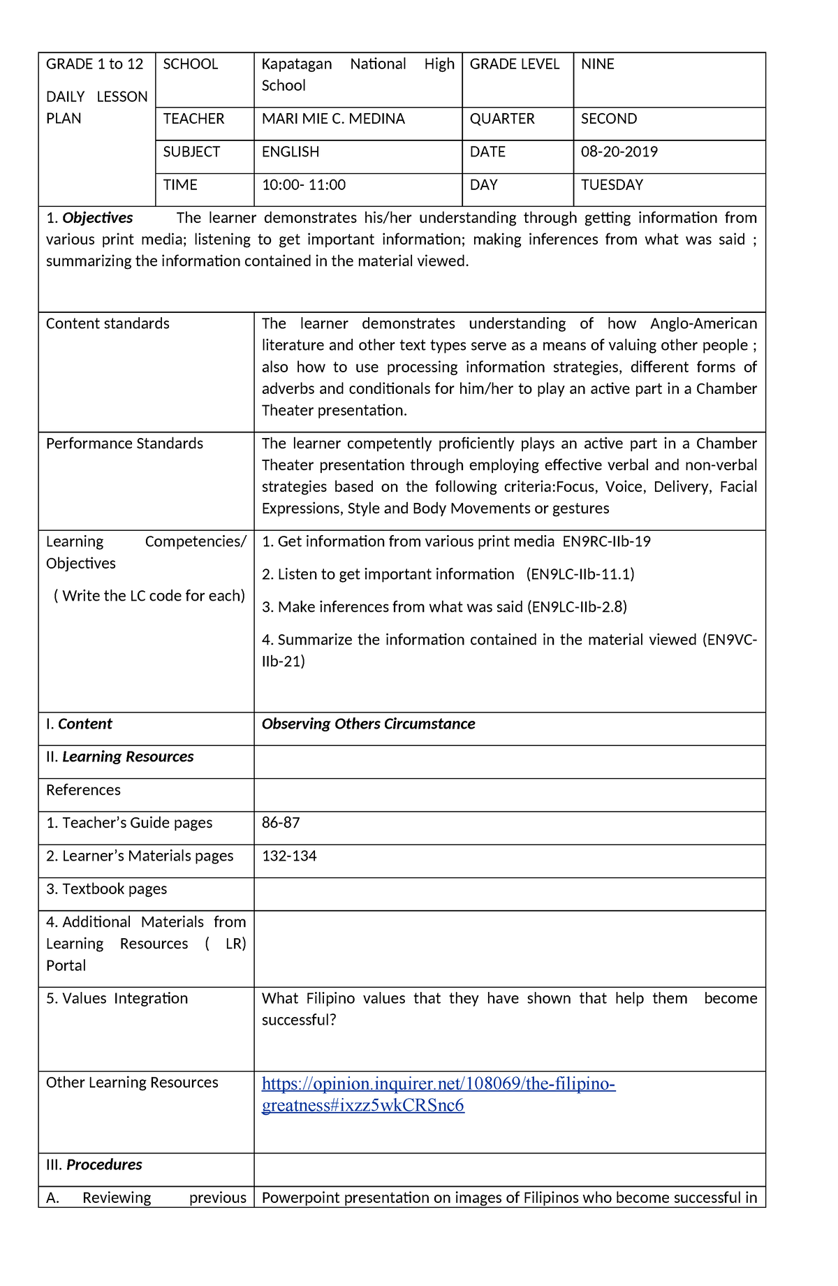 Cot - Quarter 2 W Notes Script - Grade 1 To 12 Daily Lesson Plan School 