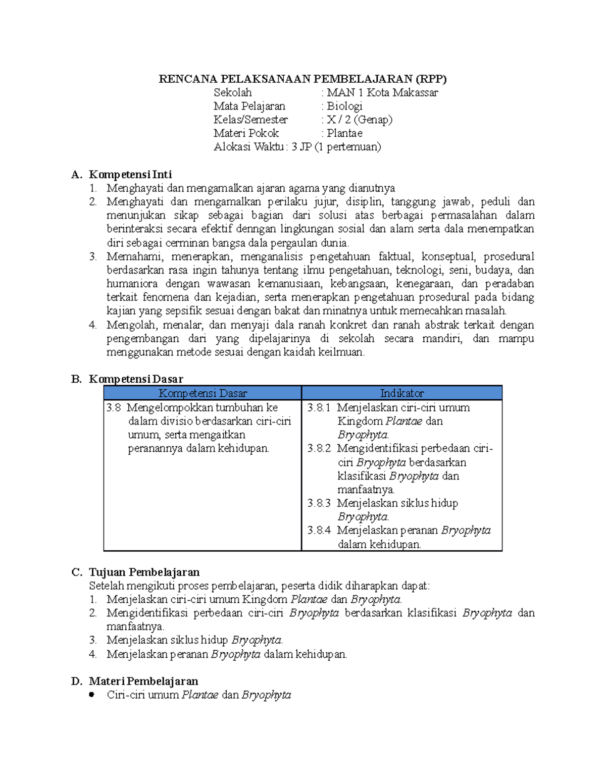 Rpp Bryophyta Rpp K13 Rencana Pelaksanaan Pembelajaran Rpp Sekolah Man 1 Kota Makassar