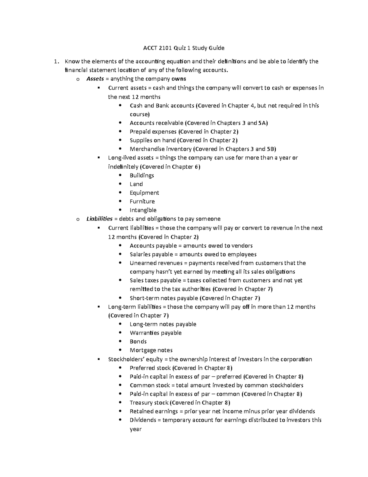Quiz 1 Review - Lecture notes 1-3 - ACCT 2101 Quiz 1 Study Guide Know ...
