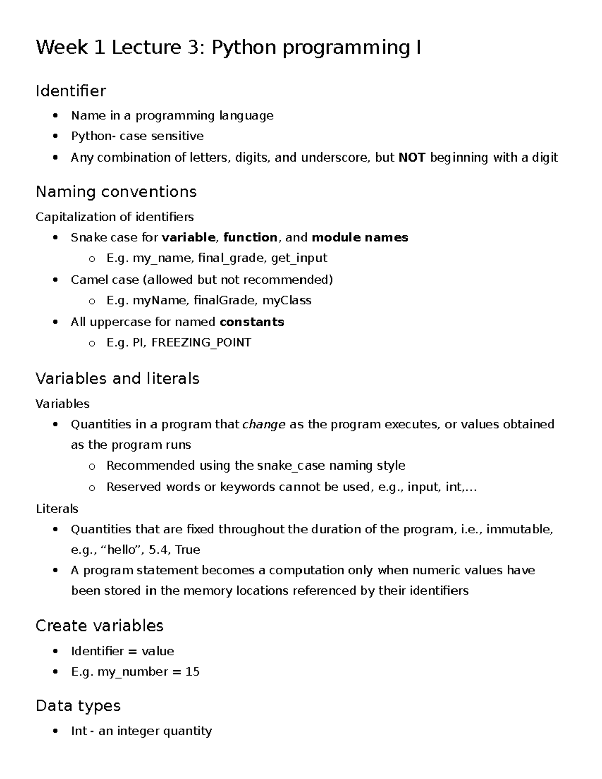 Week 1 - Week 1 Notes - Week 1 Lecture 3: Python programming I ...