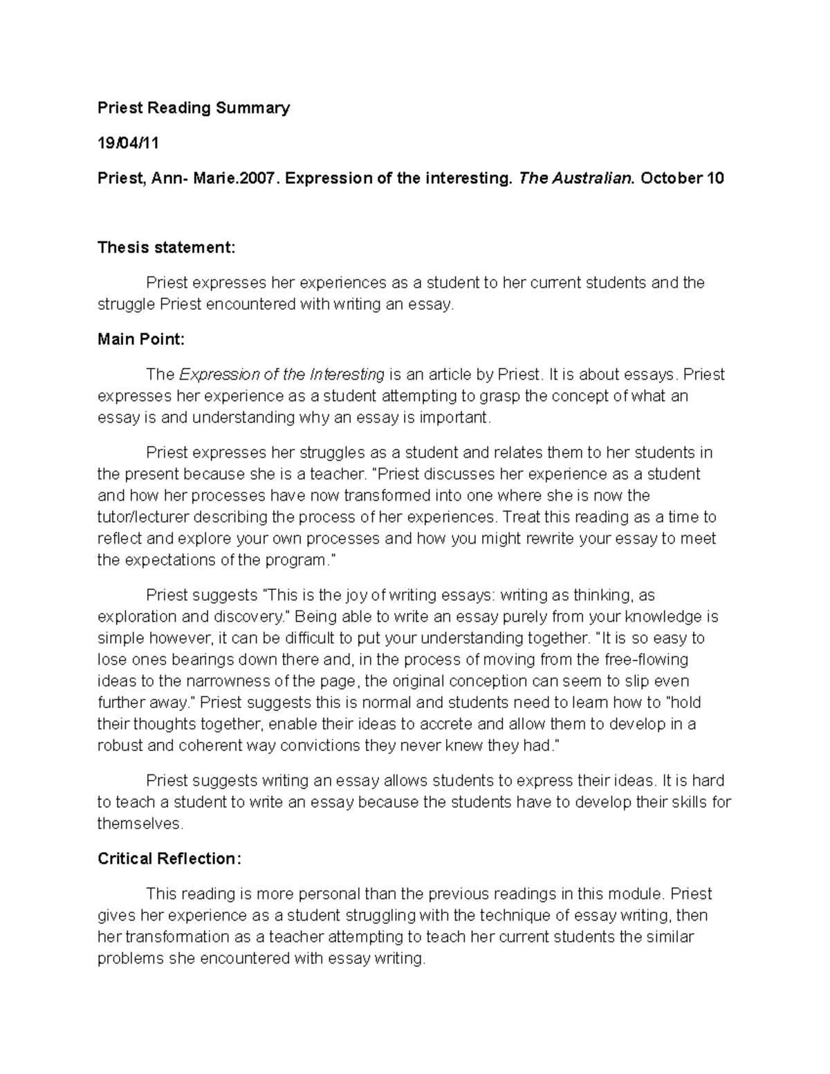 how to make a good thesis statement for an essay ielts academic priest reading summary equ ontrack studocu