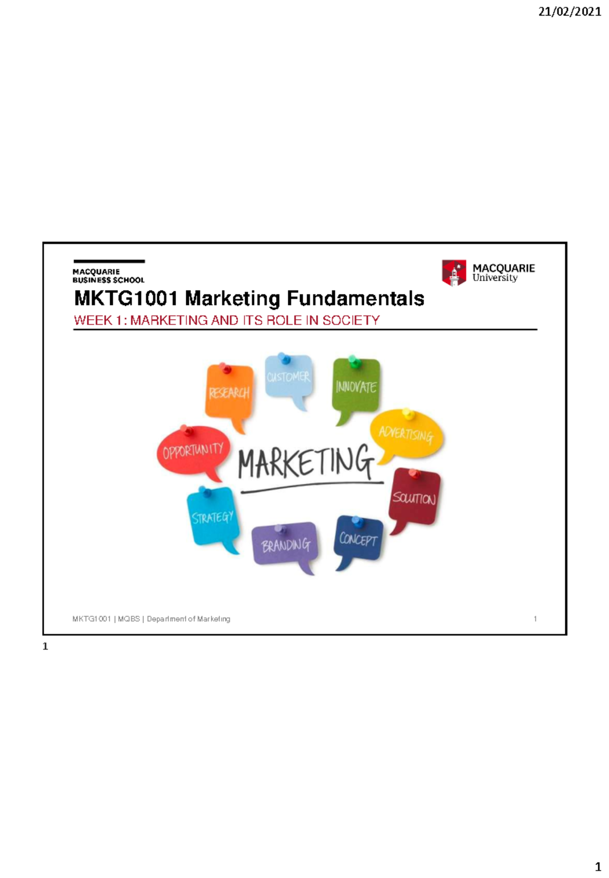 MKTG1001 Week 1 Lecture - Students 1 per page - MKTG101 - MQ - Studocu