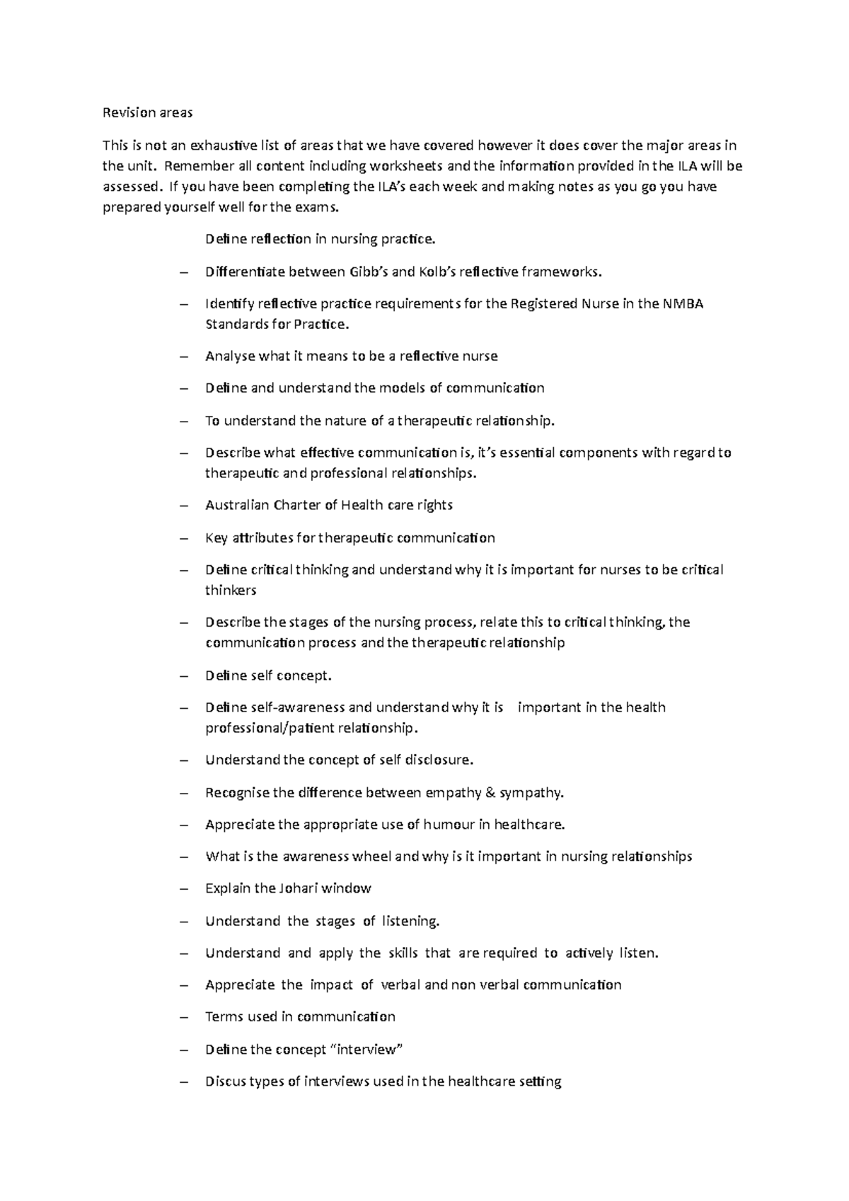 Revision areas NUM1102 Communication Skills for Nurses - Revision areas ...