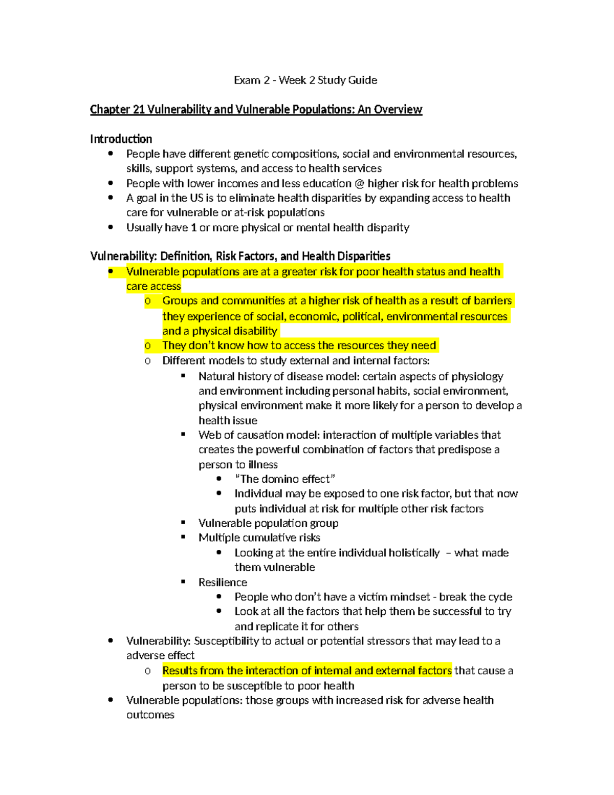 Exam 2 Week 2 Study Guide Chapter 21 Vulnerability And Vulnerable ...