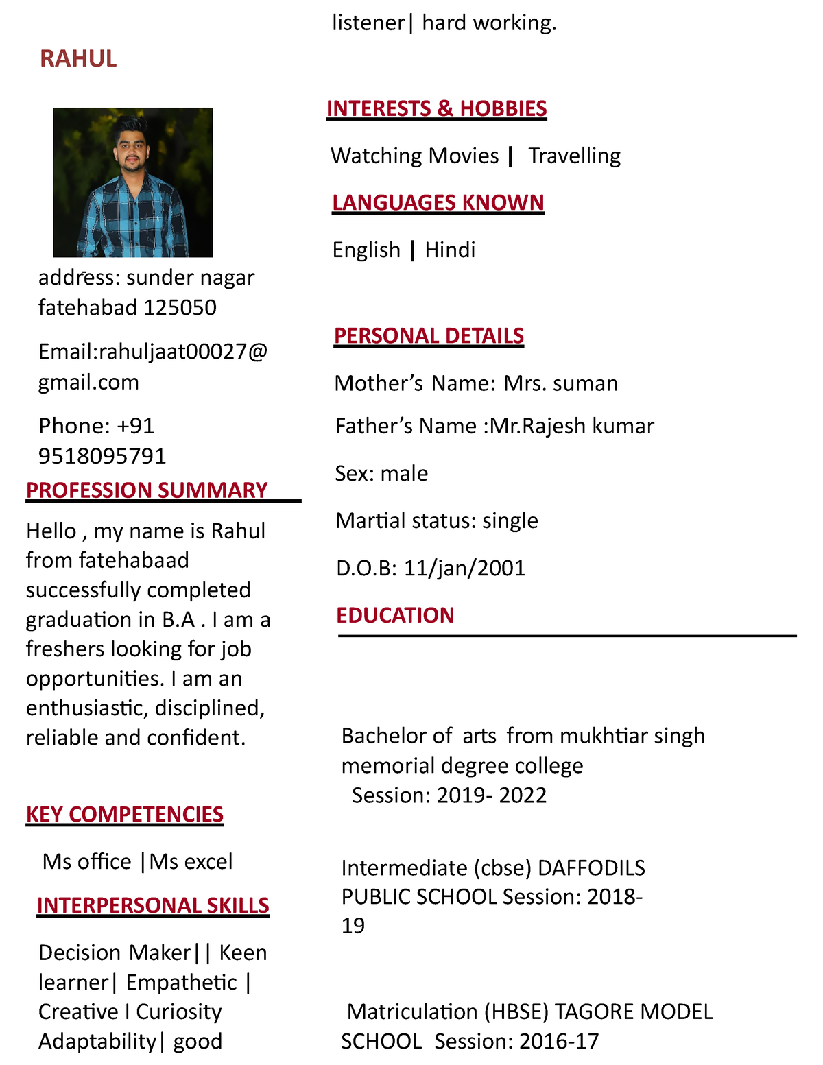 Rahul Resume - NIL - address: sunder nagar fatehabad 125050 Email ...