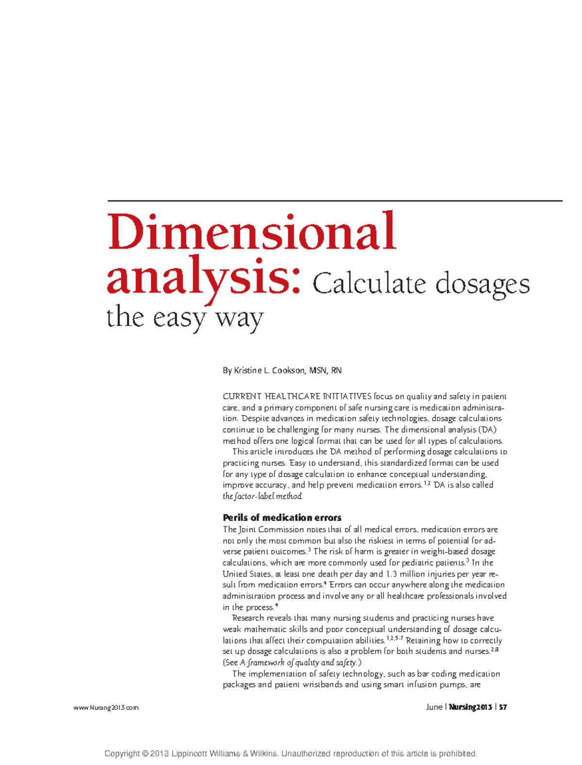 Dimensional Analysis Calculate dosages the easy way Nursing2013 June