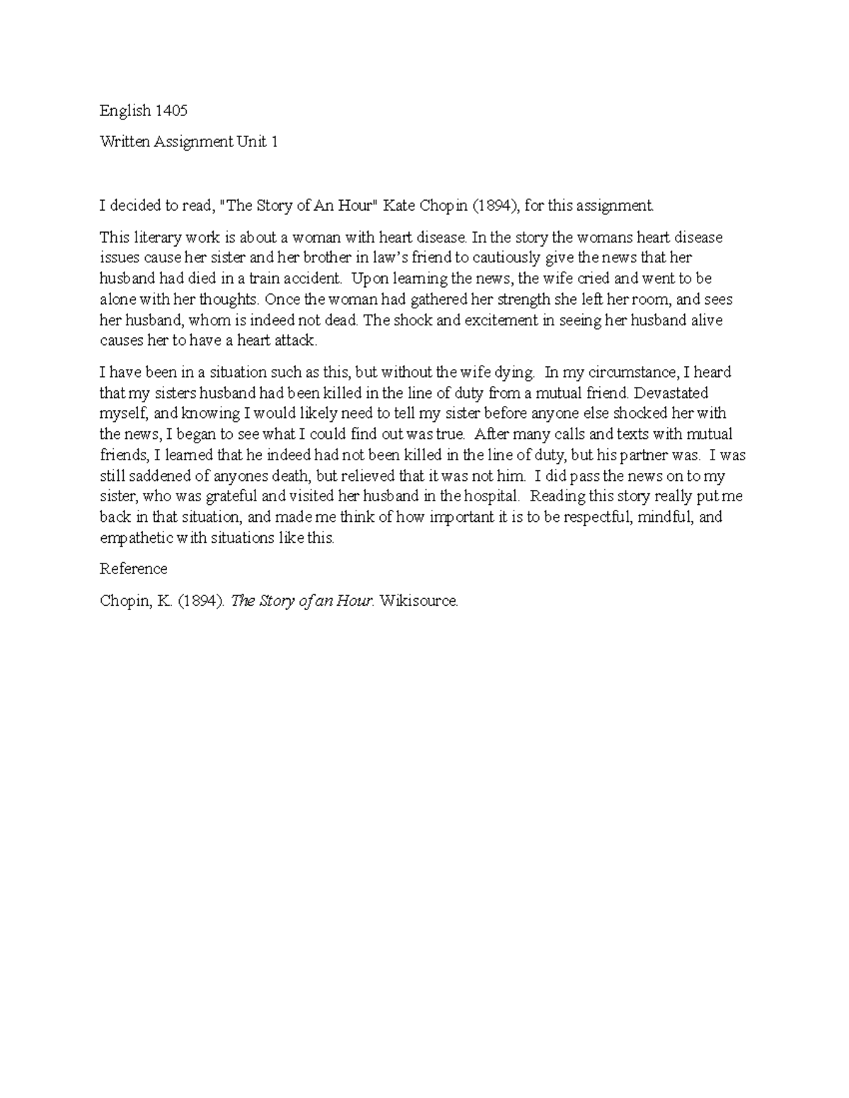 WA1 - WA1 - English 1405 Written Assignment Unit 1 I decided to read ...