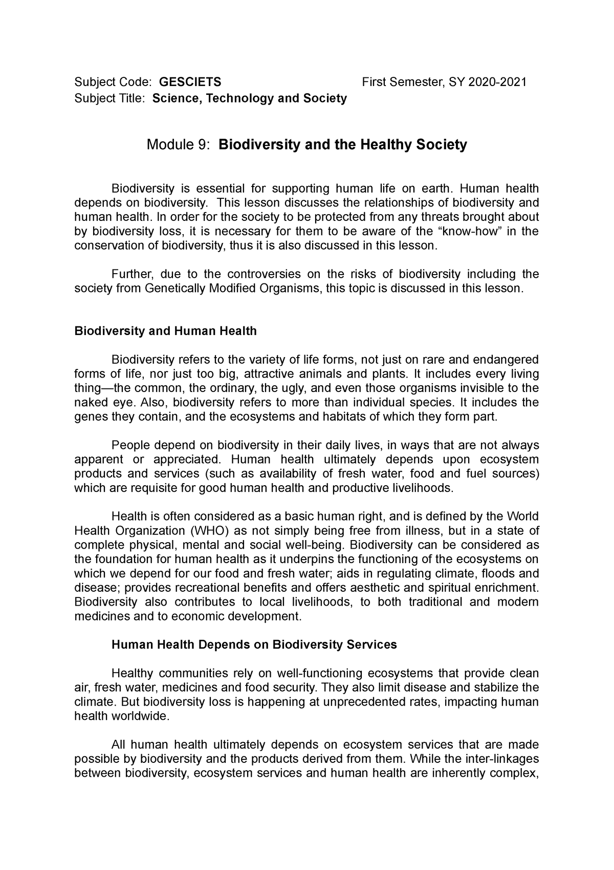 assignment biodiversity and the healthy society