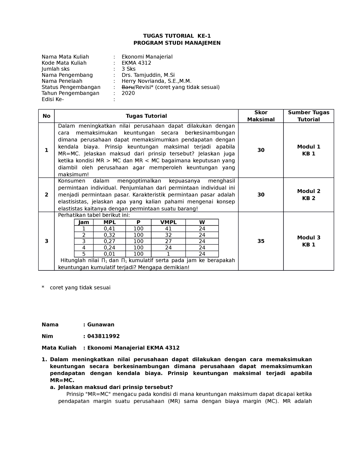Ekonomi Manajerial - Manajemen Pemasaran (EKMA4216) - TUGAS TUTORIAL KE ...