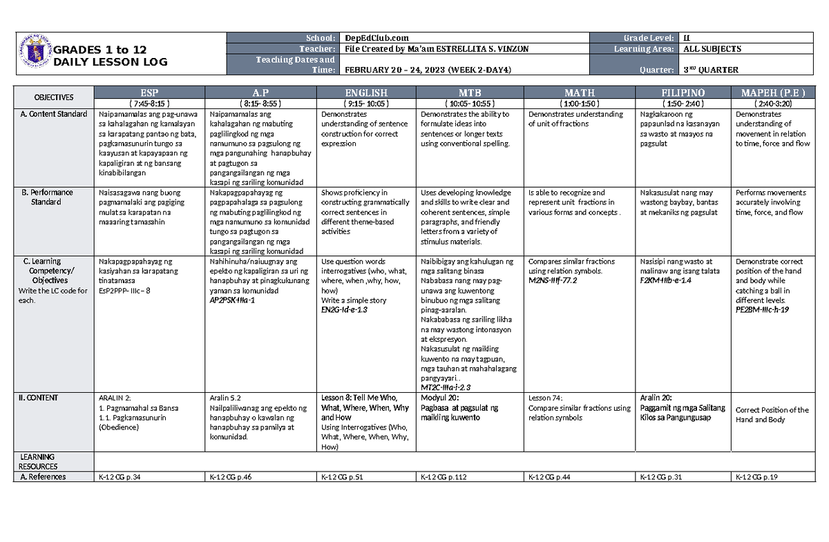 DLL ALL Subjects 2 Q3 W2 D4 - GRADES 1 to 12 DAILY LESSON LOG School ...