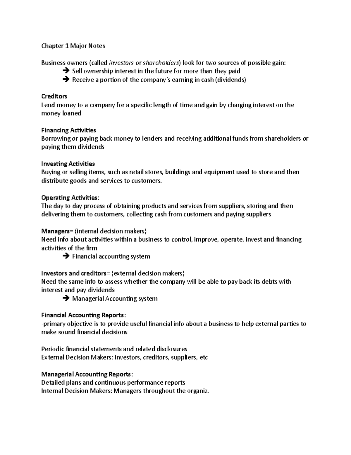 Midterm 1 notes for accounting - Chapter 1 Major Notes Business owners ...