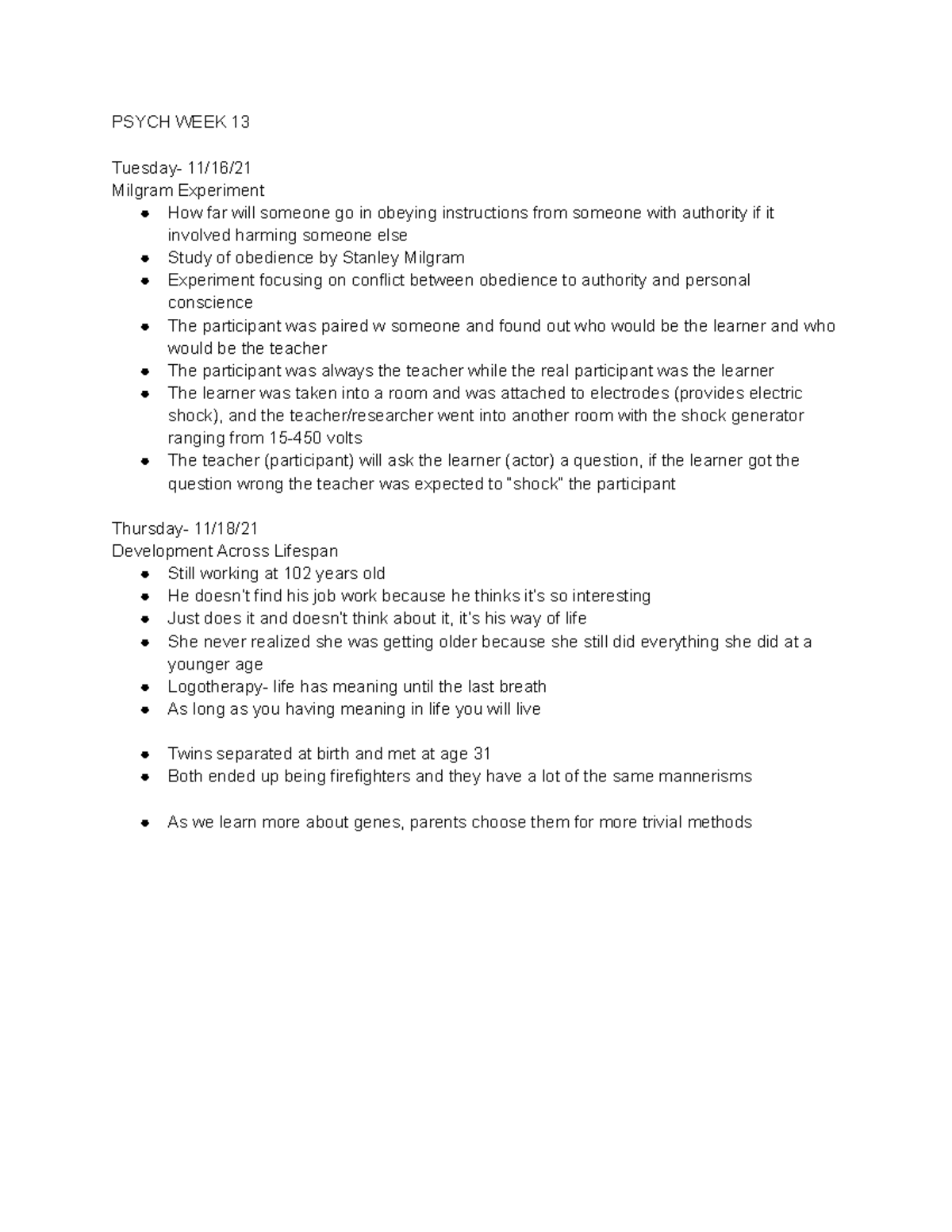 Psych WEEK 13 - Lecture notes 13 - PSYCH WEEK 13 Tuesday- 11/16 ...