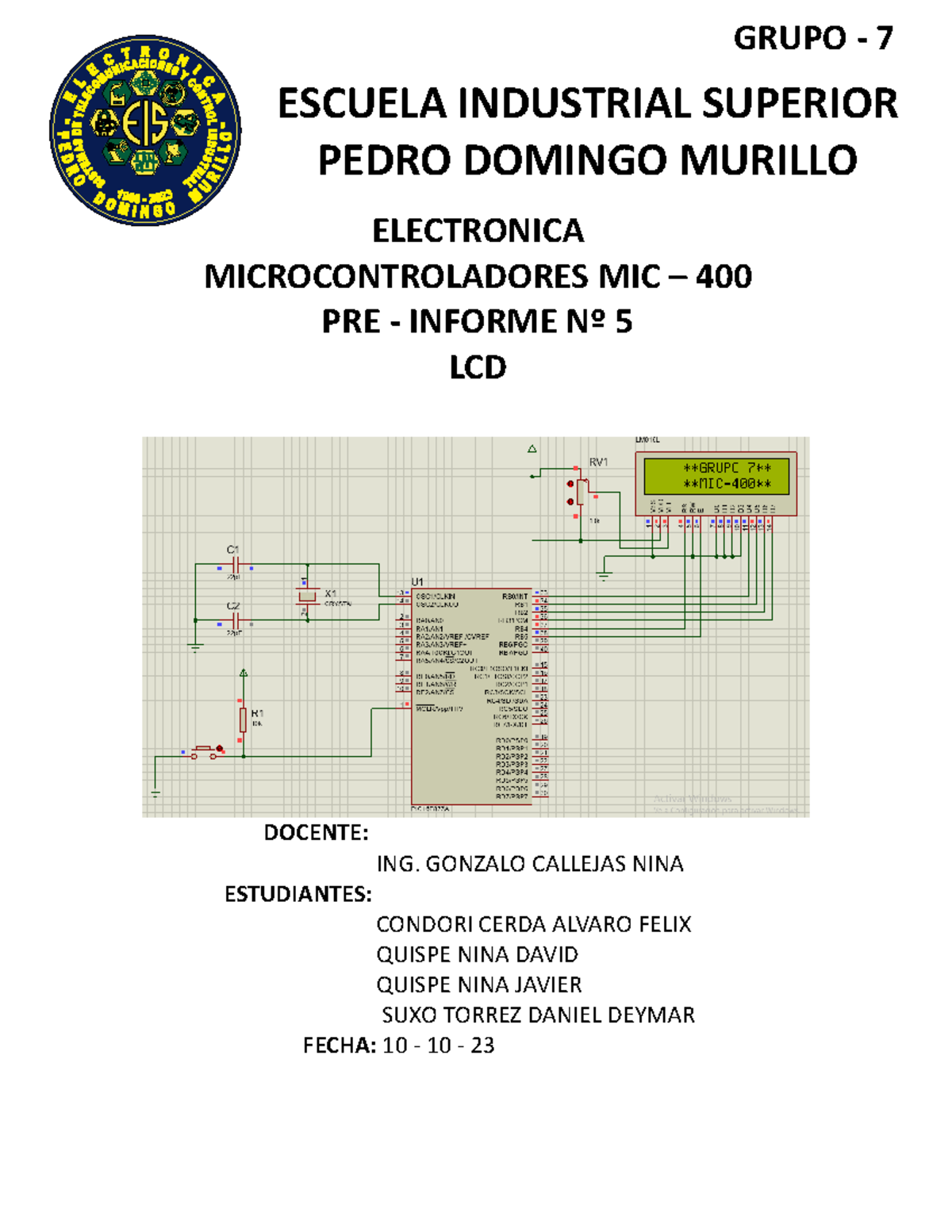 Pre-informe lcd lab5 - LCD PIC - ESCUELA INDUSTRIAL SUPERIOR PEDRO ...