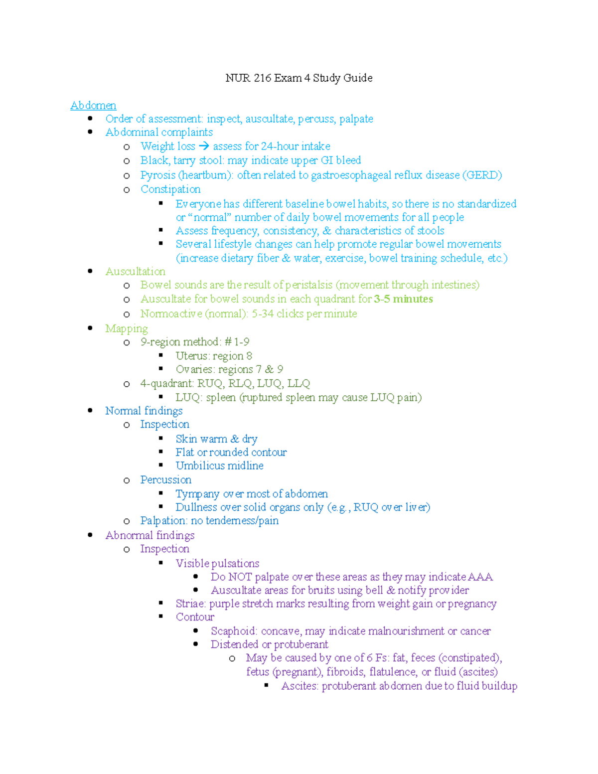 NUR 216 Exam 4 Study Guide Print - NUR 216 Exam 4 Study Guide Abdomen ...