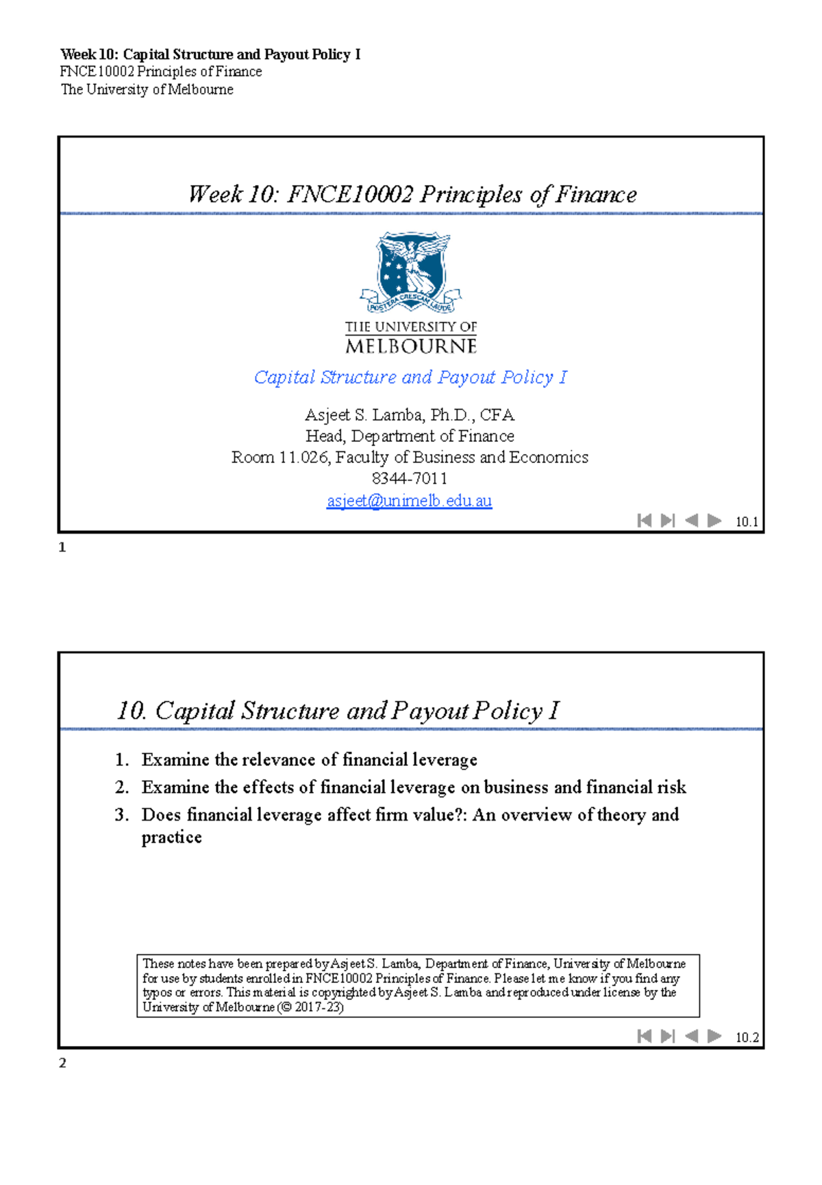 Lec10-Cap Str 1-2perpage - FNCE10002 Principles of Finance The ...