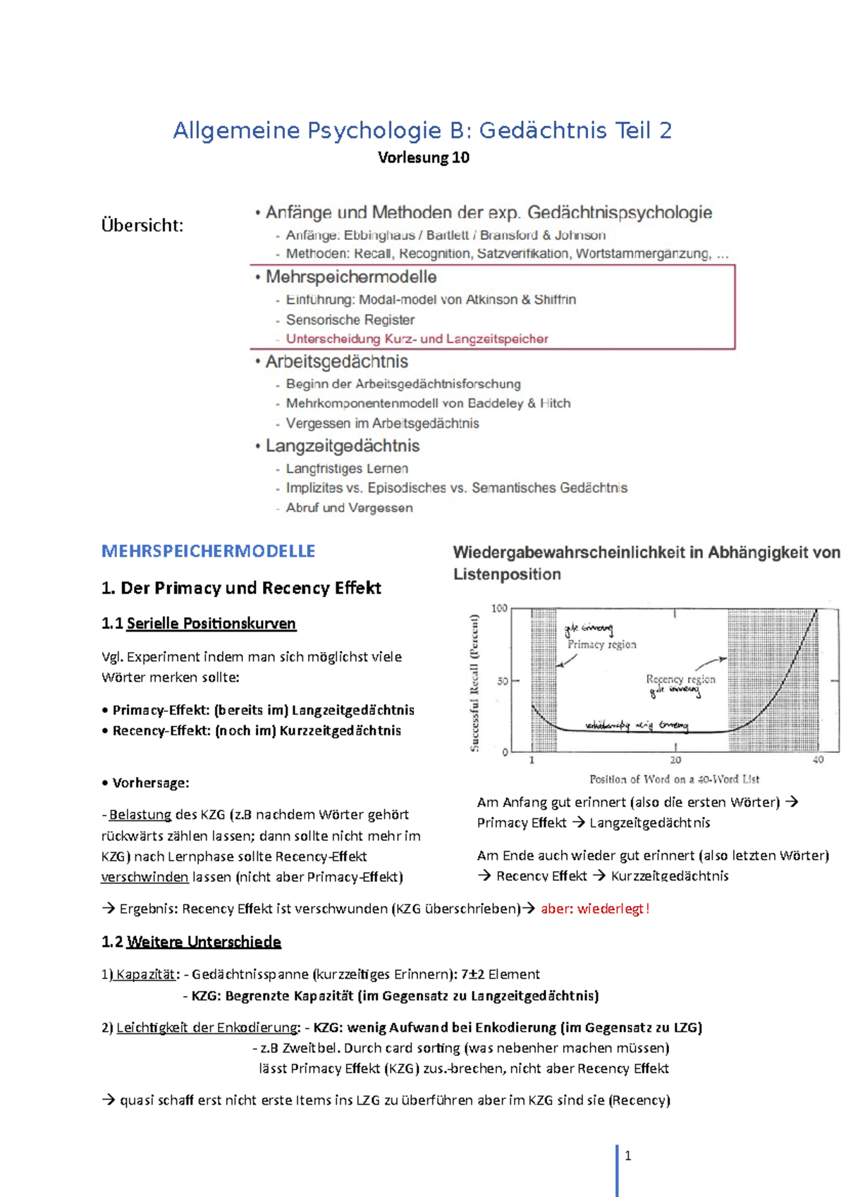 Allgemeine Psychologie B VL 10 - Allgemeine Psychologie B: Gedächtnis ...