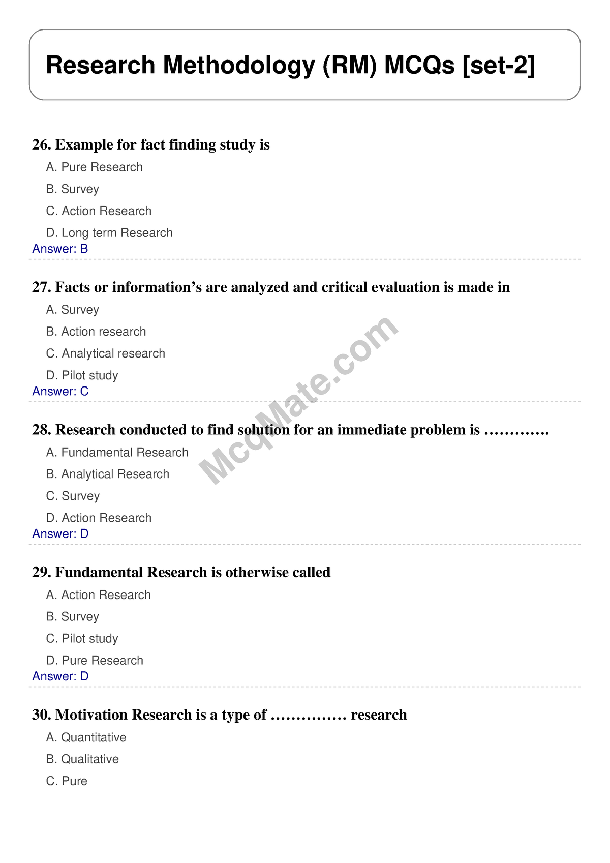 Research Methodology (RM) Solved MCQs [set-2] Mcq Mate.com - VTU - Studocu