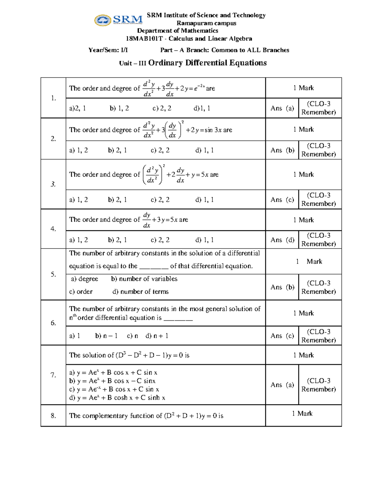 UNIT 3 - This file contains sample MCQ's for Unit 3 : Ordinary ...