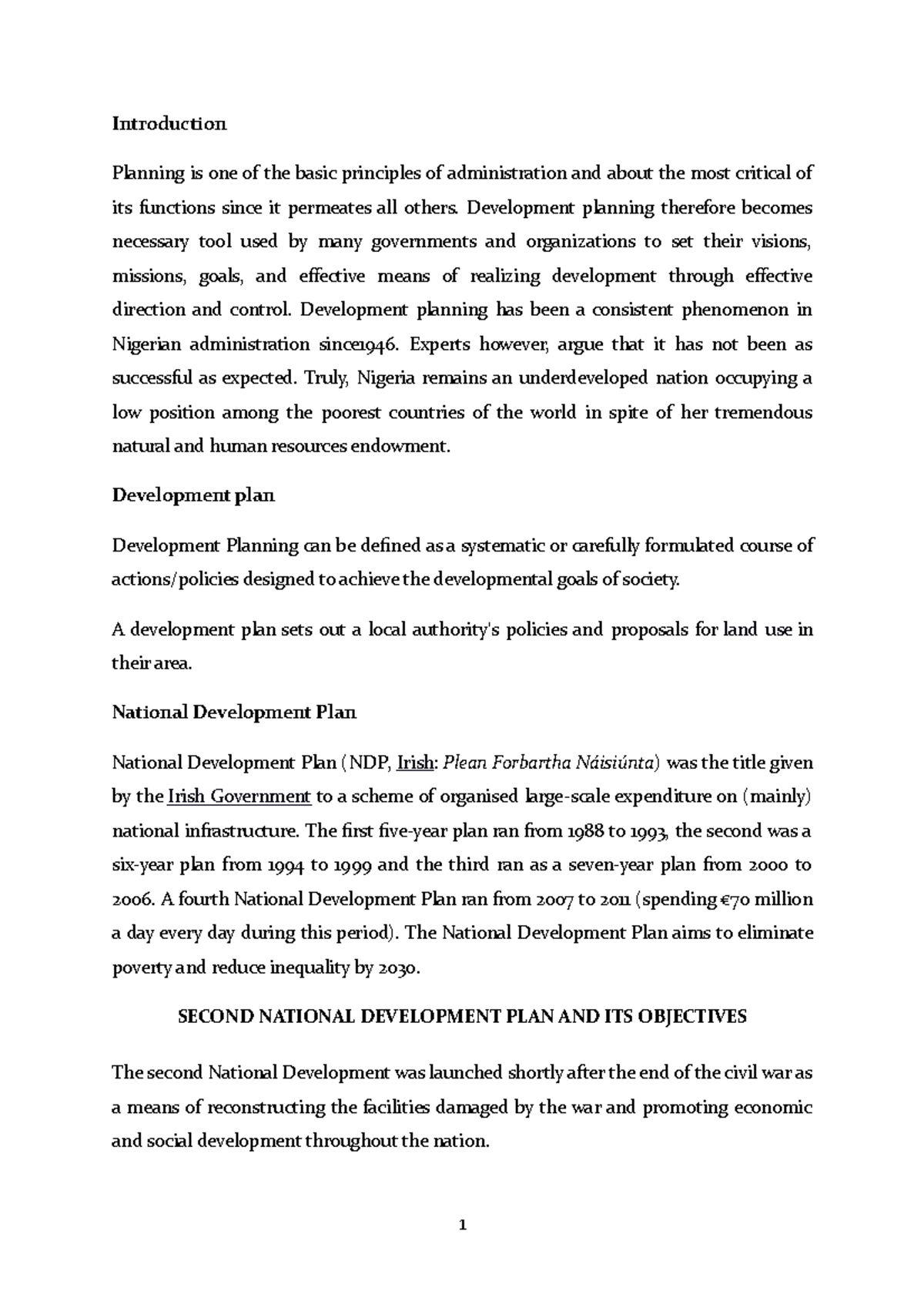 National DEV PLAN Lecturer - Introduction Planning is one of the basic ...