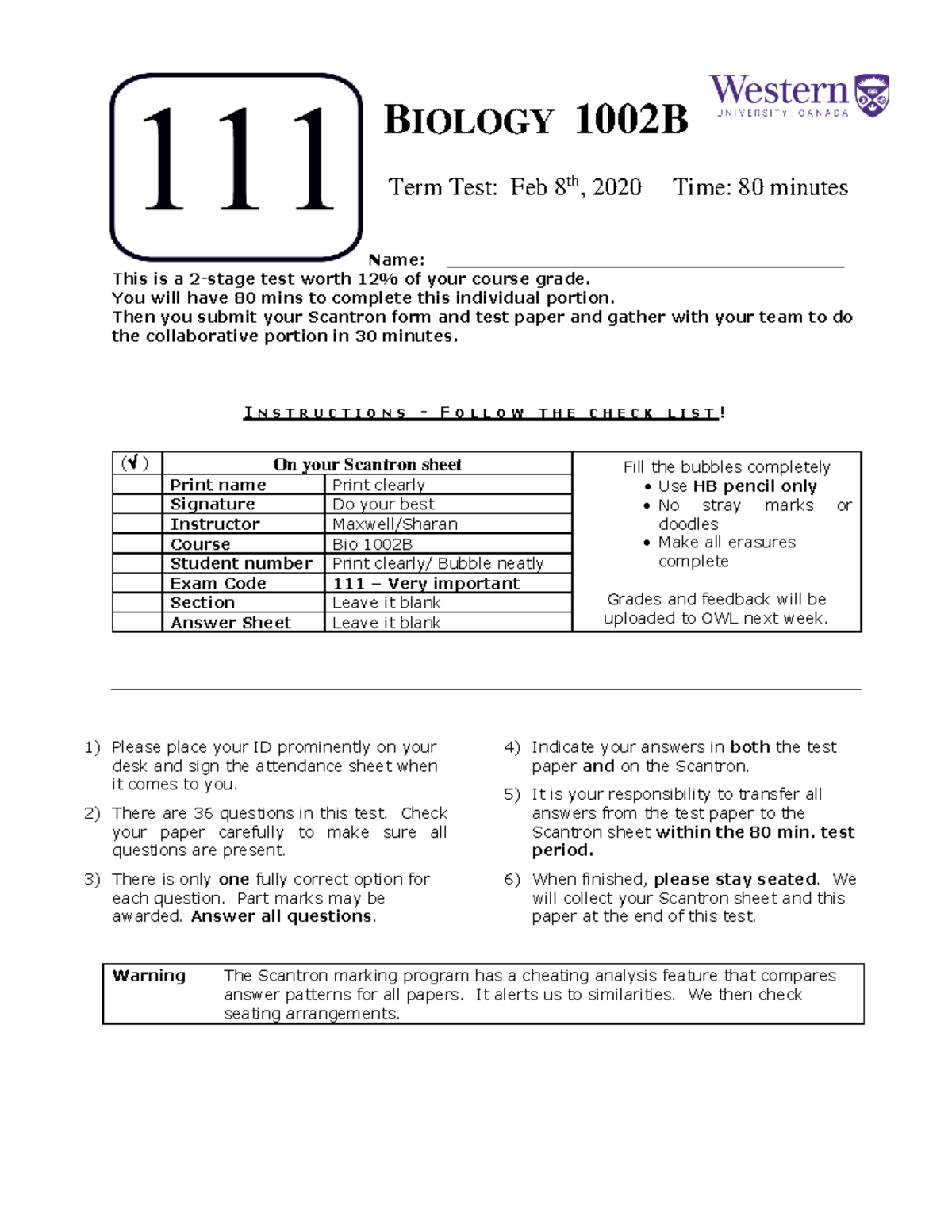 2020 Feb Test and Feedback - BIOLOGY 100 2B Term Test: Feb 8th, 2020 ...