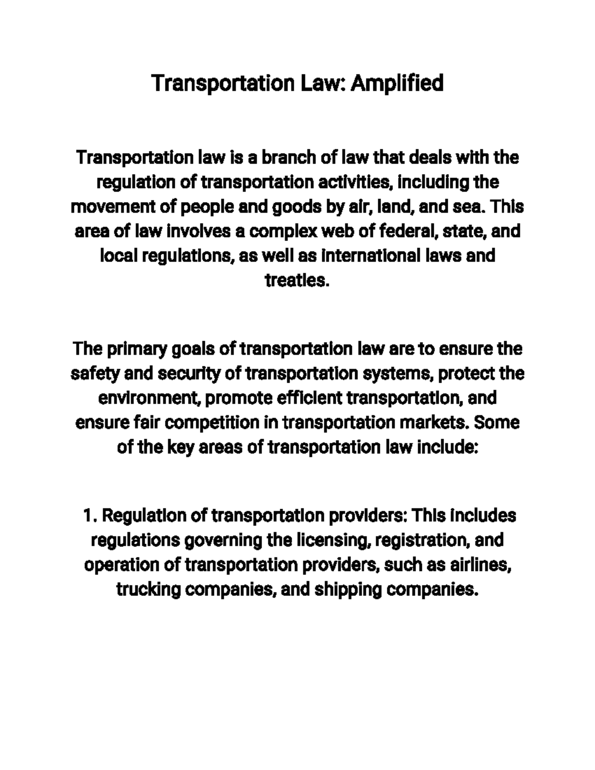 Transportation Law Introduction and Units Transportation Law