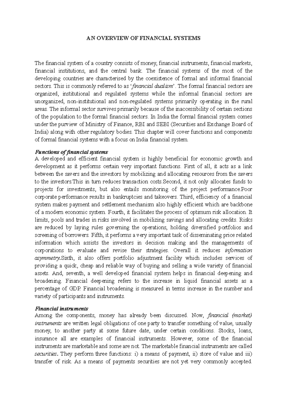 Notes till Topic 6 - AN OVERVIEW OF FINANCIAL SYSTEMS The financial ...