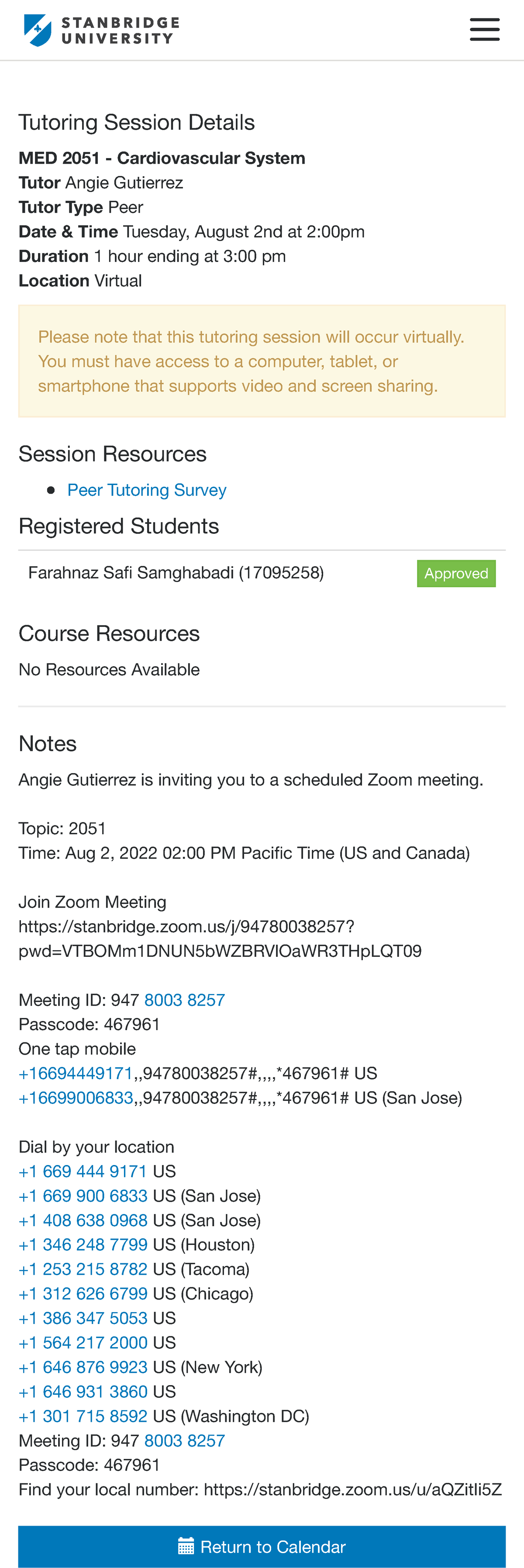 Stanbridge Tutoring - Note - Tutoring Session Details MED 2051 ...