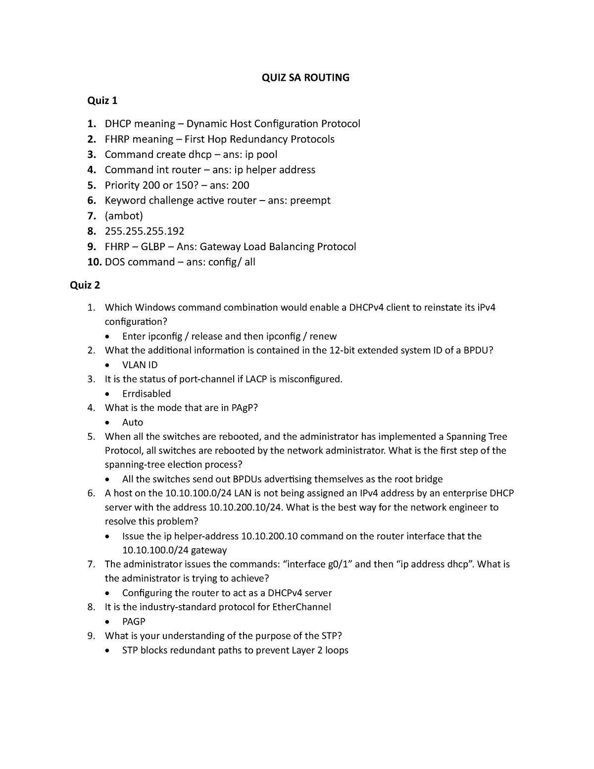 Routing - Practice Materials - QUIZ SA ROUTING Quiz 1 1. DHCP meaning ...