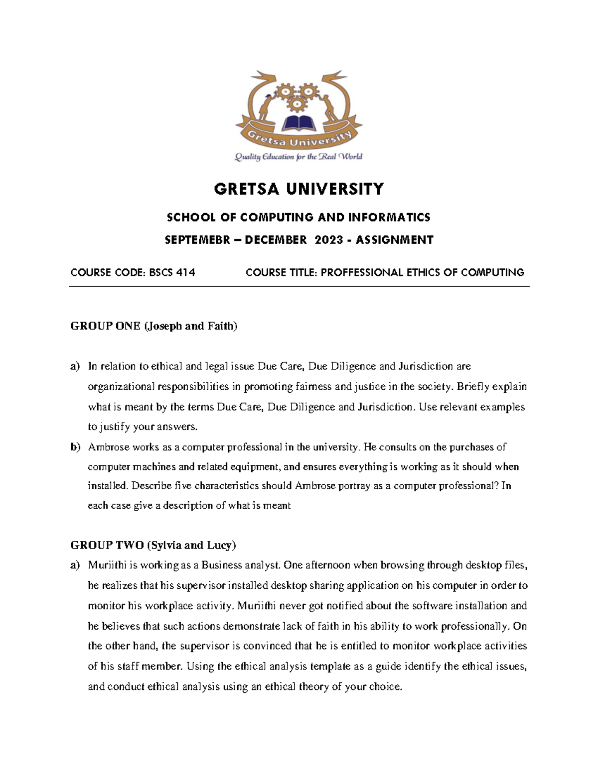 BSCS 414 - Assignment - GRETSA UNIVERSITY SCHOOL OF COMPUTING AND ...
