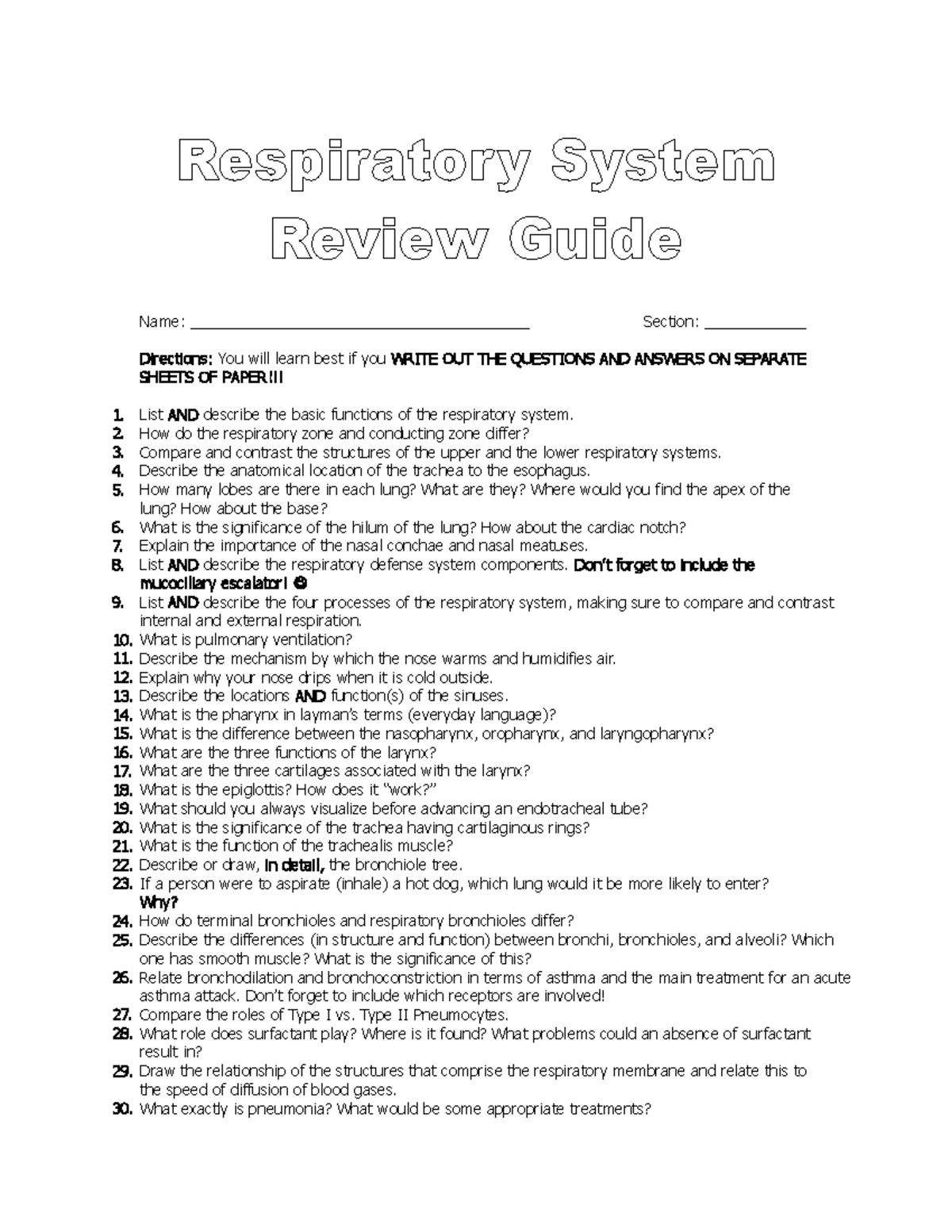 Respiratory and Digestive System Review Guide - Name