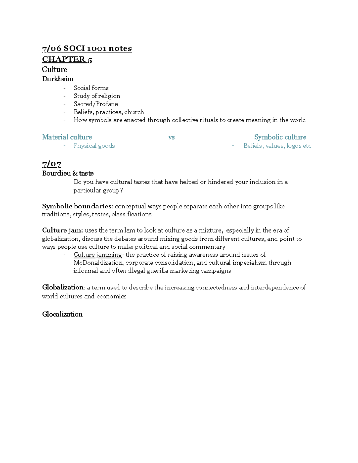 7 06 CH.5 SOCI 1001 notes - 7/06 SOCI 1001 notes CHAPTER 5 Culture ...