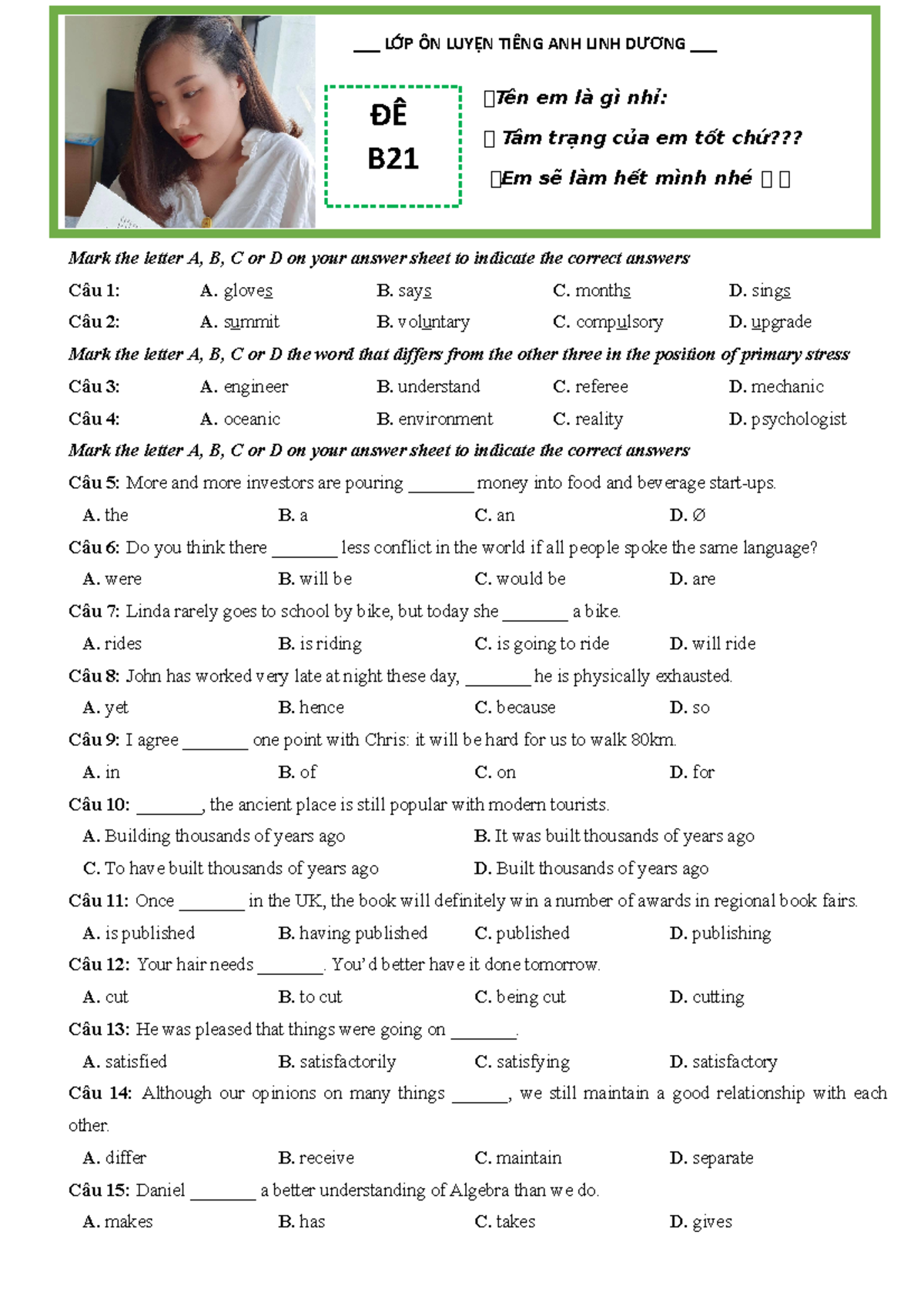 ĐỀ B21 - Anh - Mark The Letter A, B, C Or D On Your Answer Sheet To ...