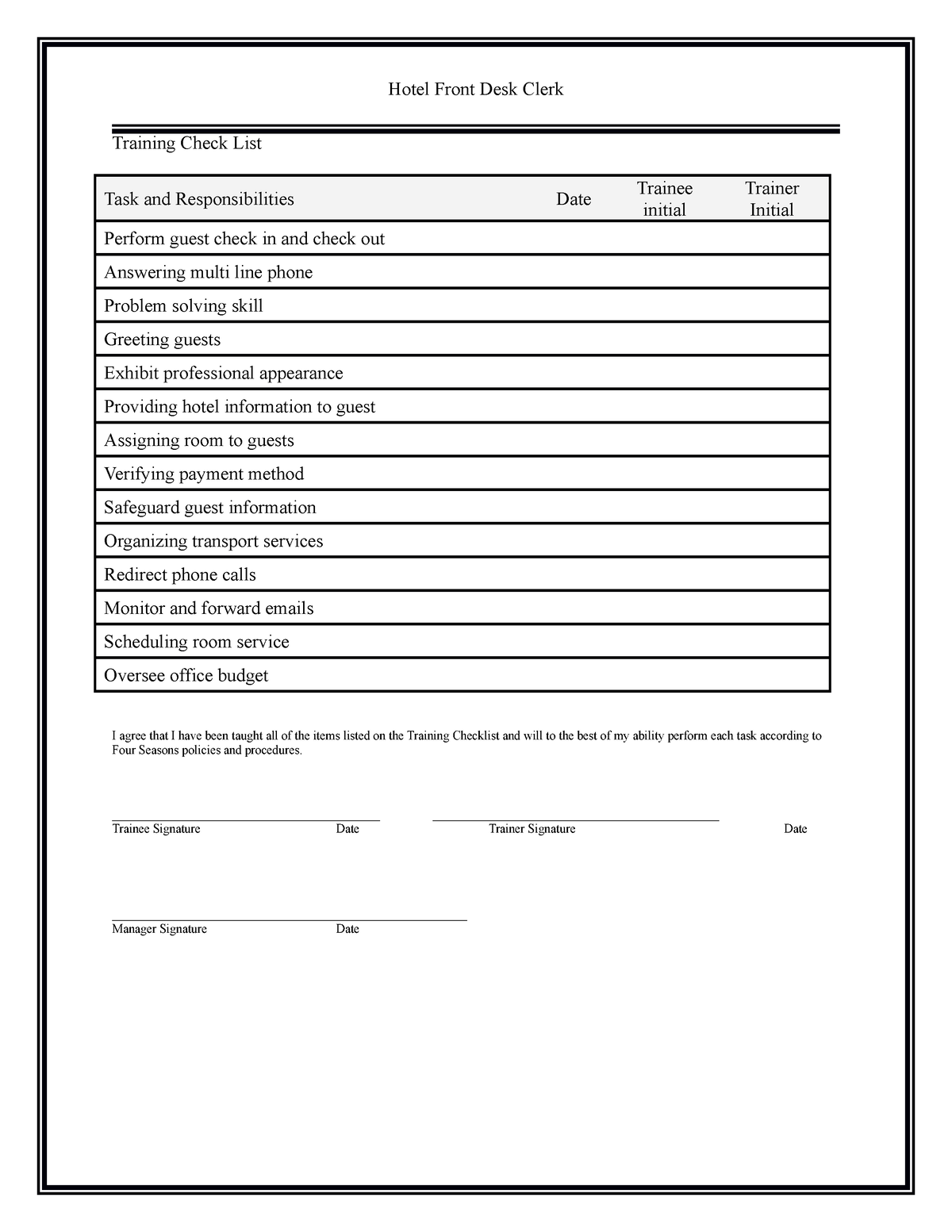 Training Checklist for music class course Hotel Front Desk Clerk