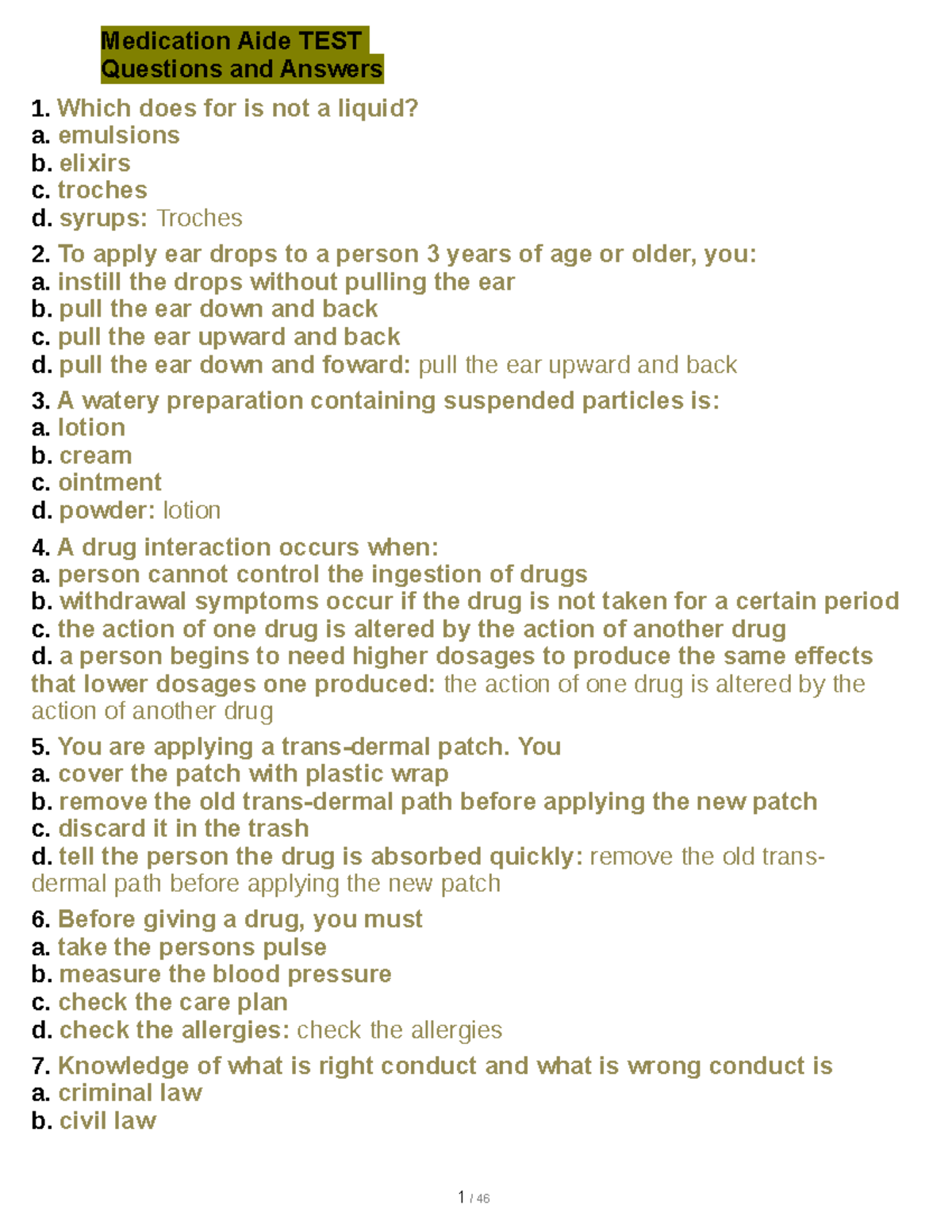 Medication Aide TEST Questions And Answers word Medication Aide TEST