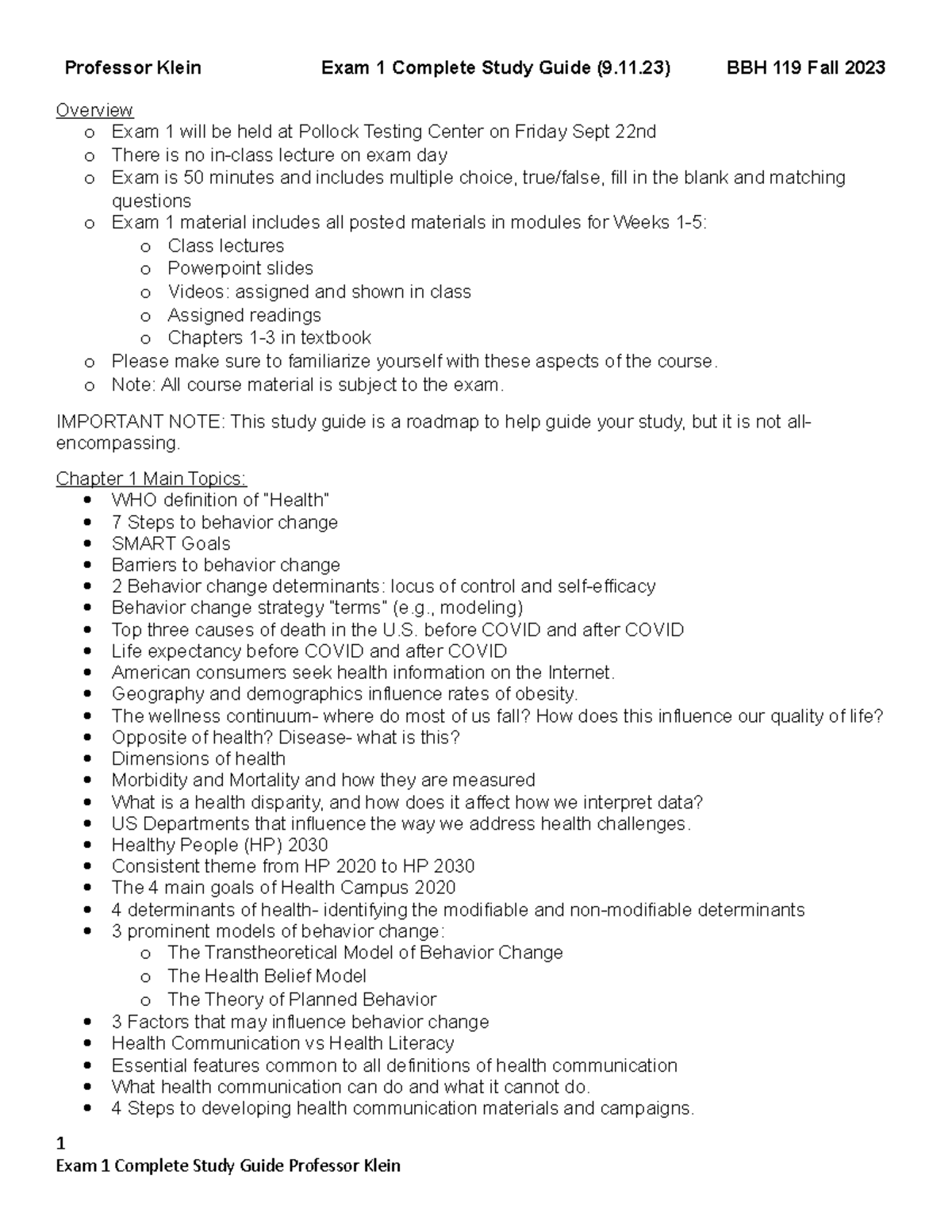 BBH 119 Exam 1 Study Guide - Professor Klein Exam 1 Complete Study ...
