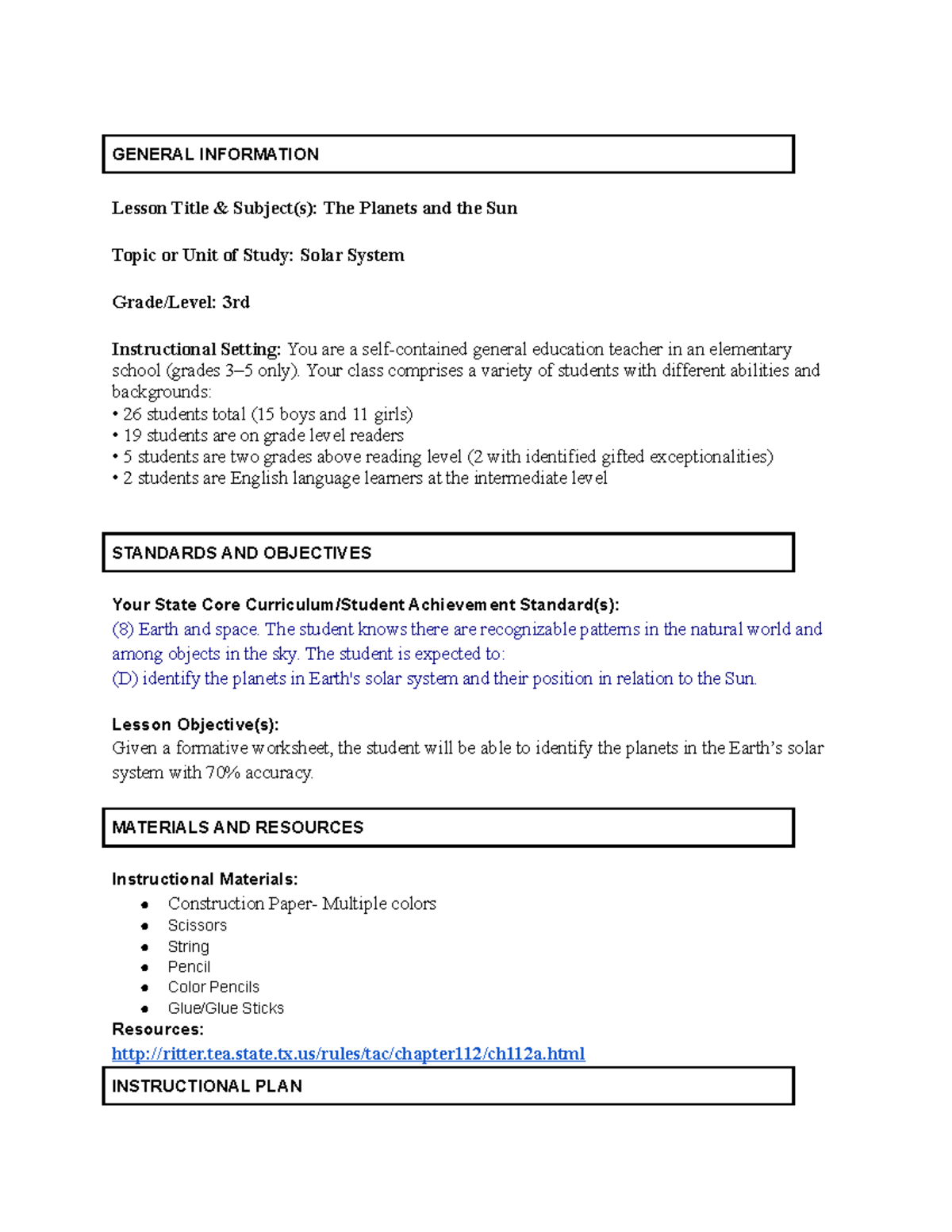 Instructional Planning Task - GENERAL INFORMATION Lesson Title ...